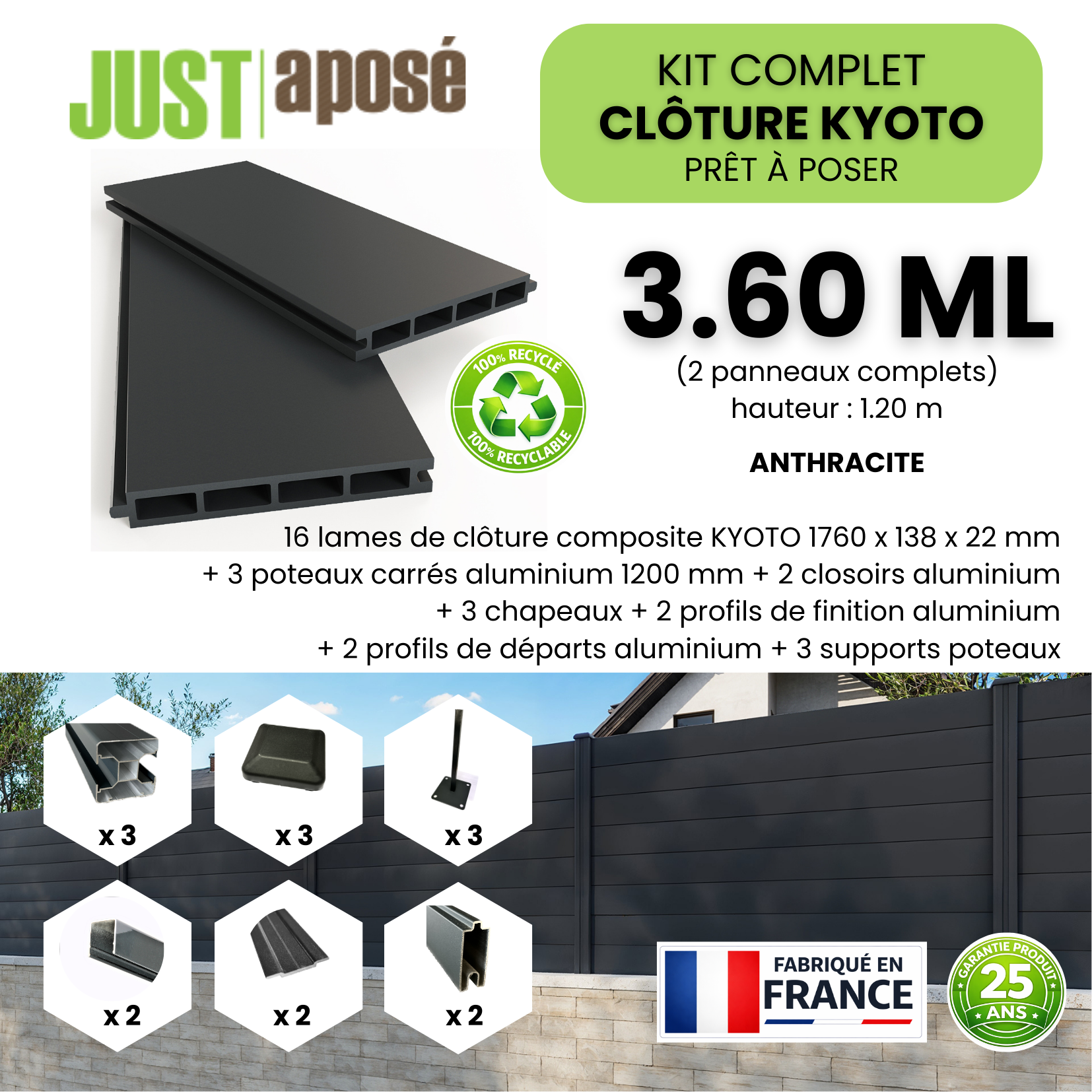 Kit complet clôture composite KYOTO - 2 panneaux complets - 3,60 x 1,20 m - Prêt à poser - Anthracite - 4