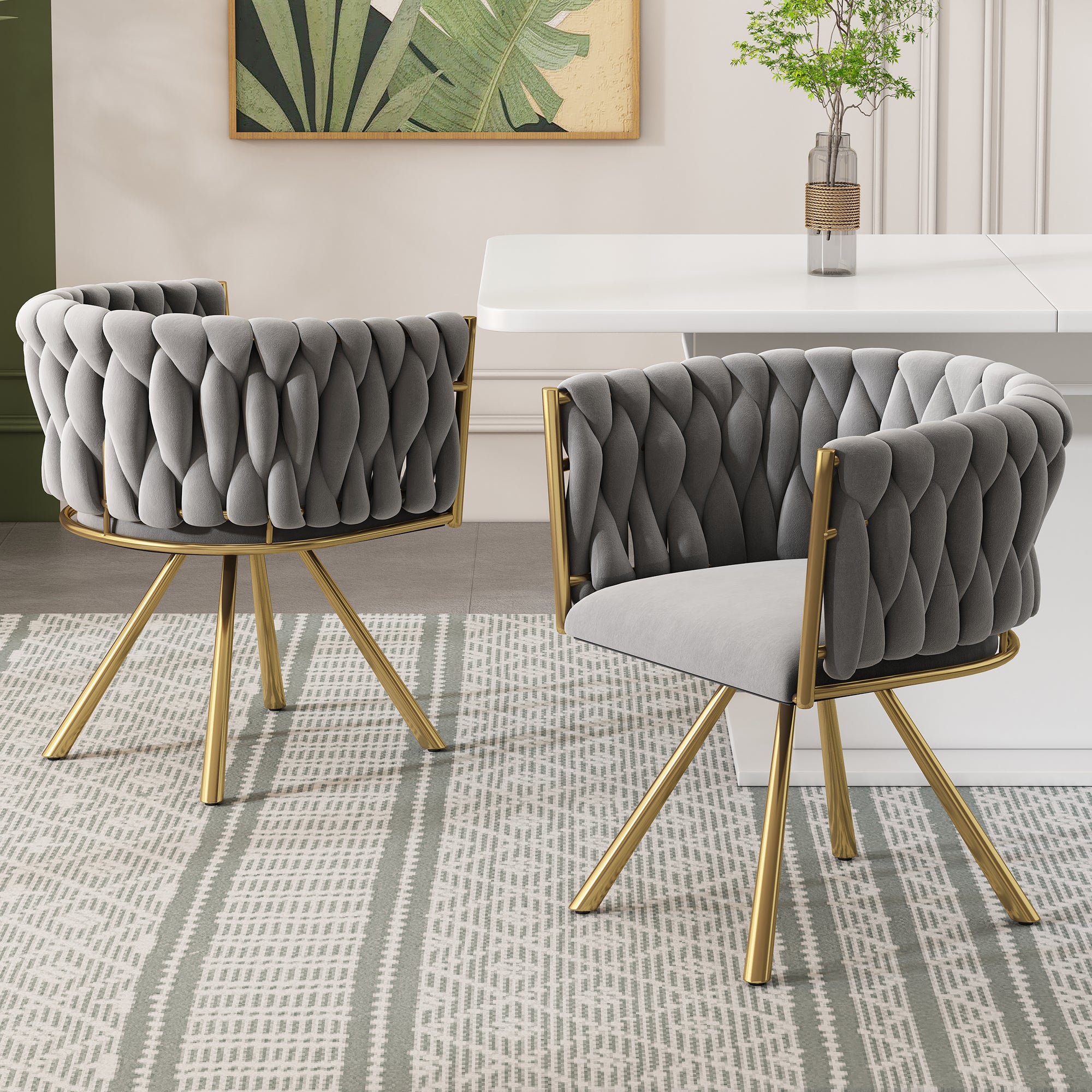 Zestaw 2 krzeseł obrotowych do jadalni z podłokietnikami - 59 x 54 x 72 cm - Aksamit - Szary + złoty