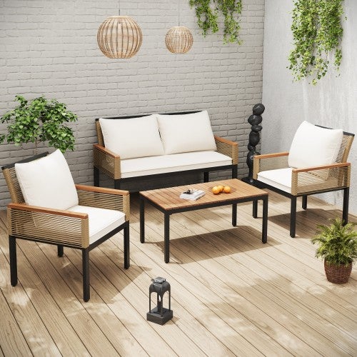 Salon de Jardin en Rotin avec Canapé Double, 2 Fauteuils et Table, Coussin Confortable pour Terrasse - 2