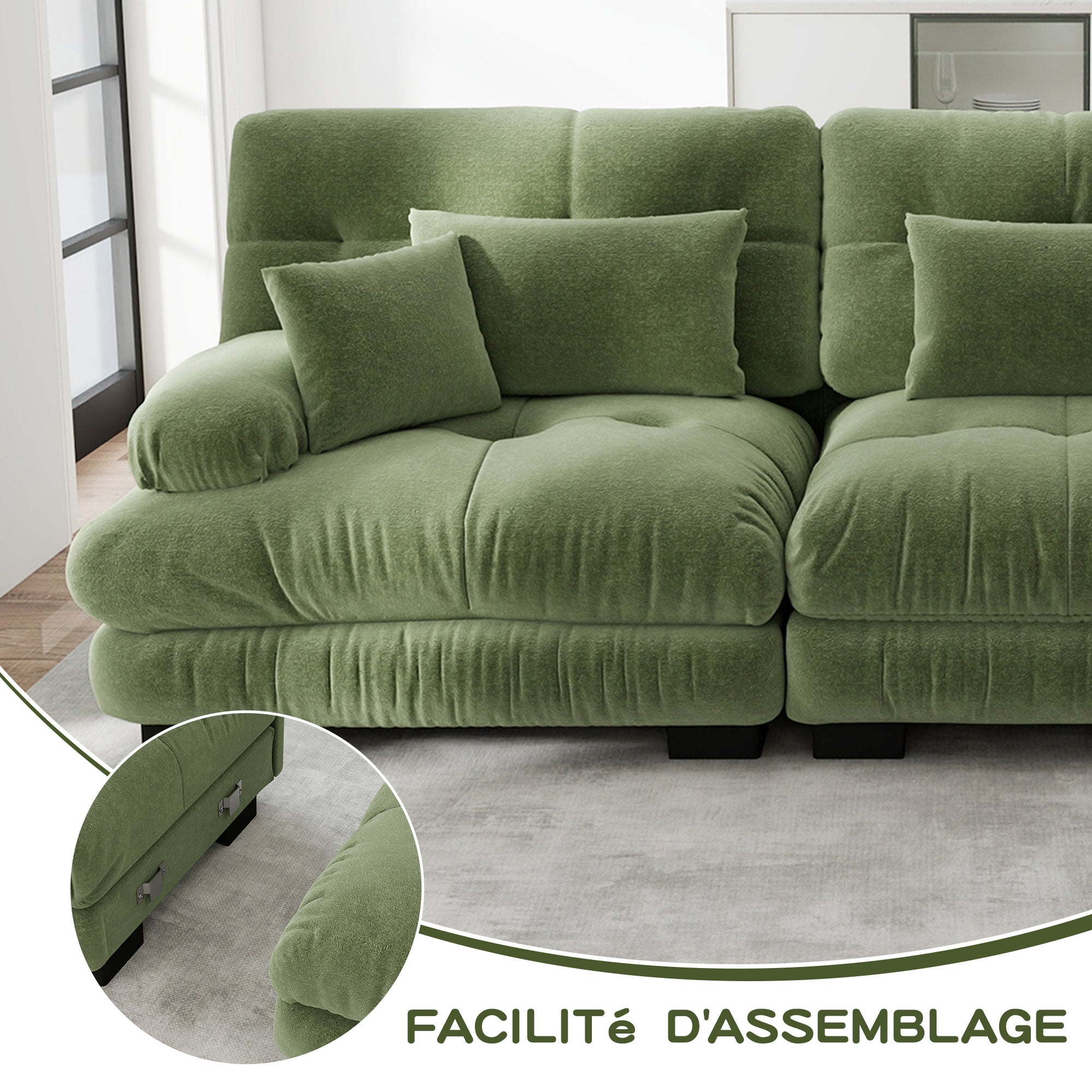 Canapé d'angle modulable, Canapé 3 places confortables avec pouf mobile,&nbsp;coussins décoratifs et lombaires inclus, Canapé U pour salon,&nbsp;chenille, Vert - 3
