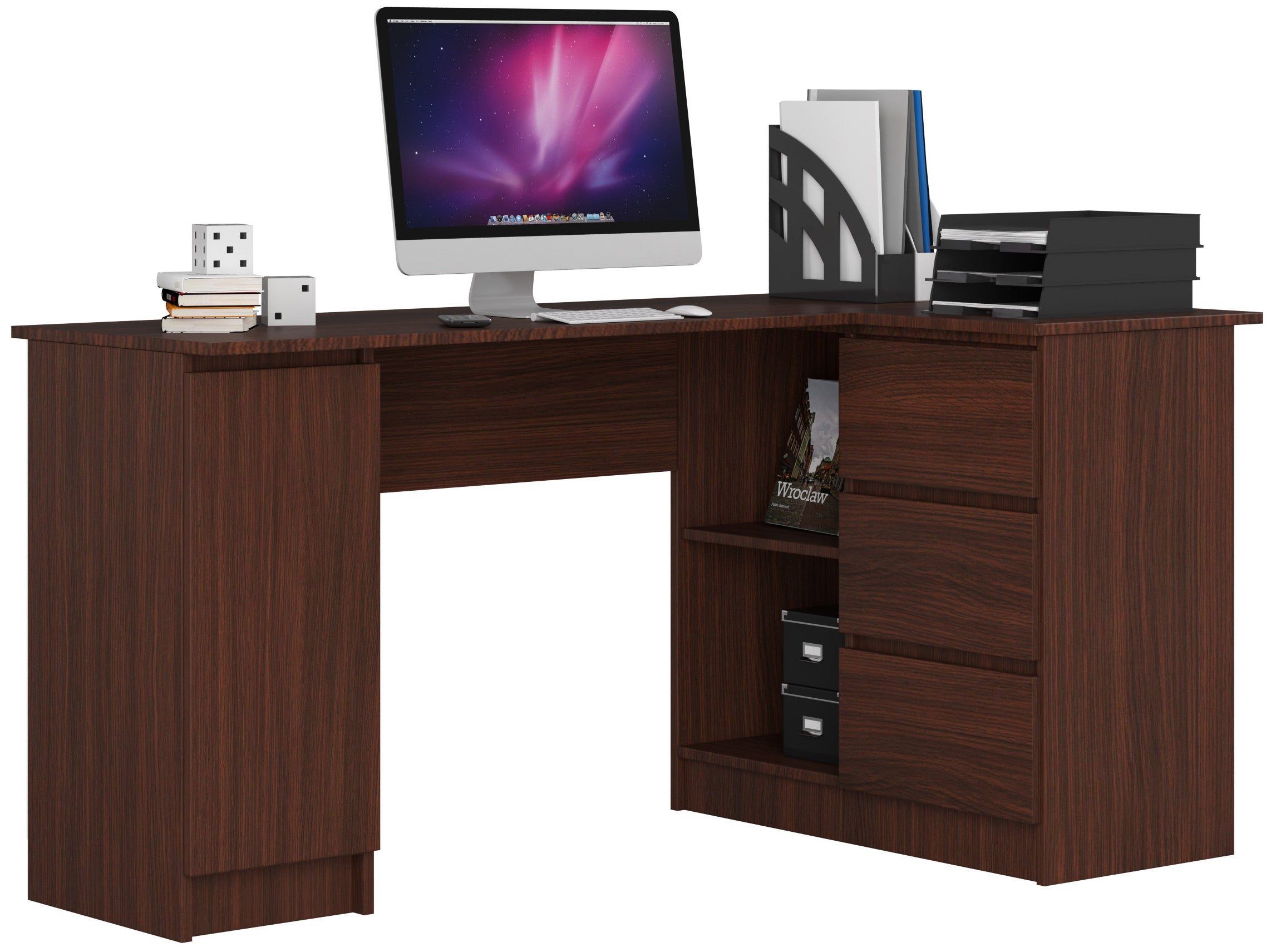 Biurko narożne AKORD B20 Wenge 155 cm prawe 1 drzwi 3 szuflady kolor Wenge mat 4 półki 155x85x77 cm