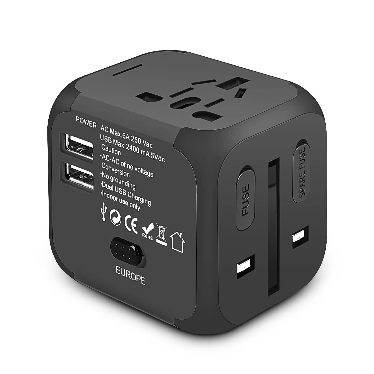 Uniwersalny adapter podróżny z 2 portami USB i bezpiecznikami do US/EU/UK/AU do ponad 180 krajów oraz tabletów, smartfonów, aparatów