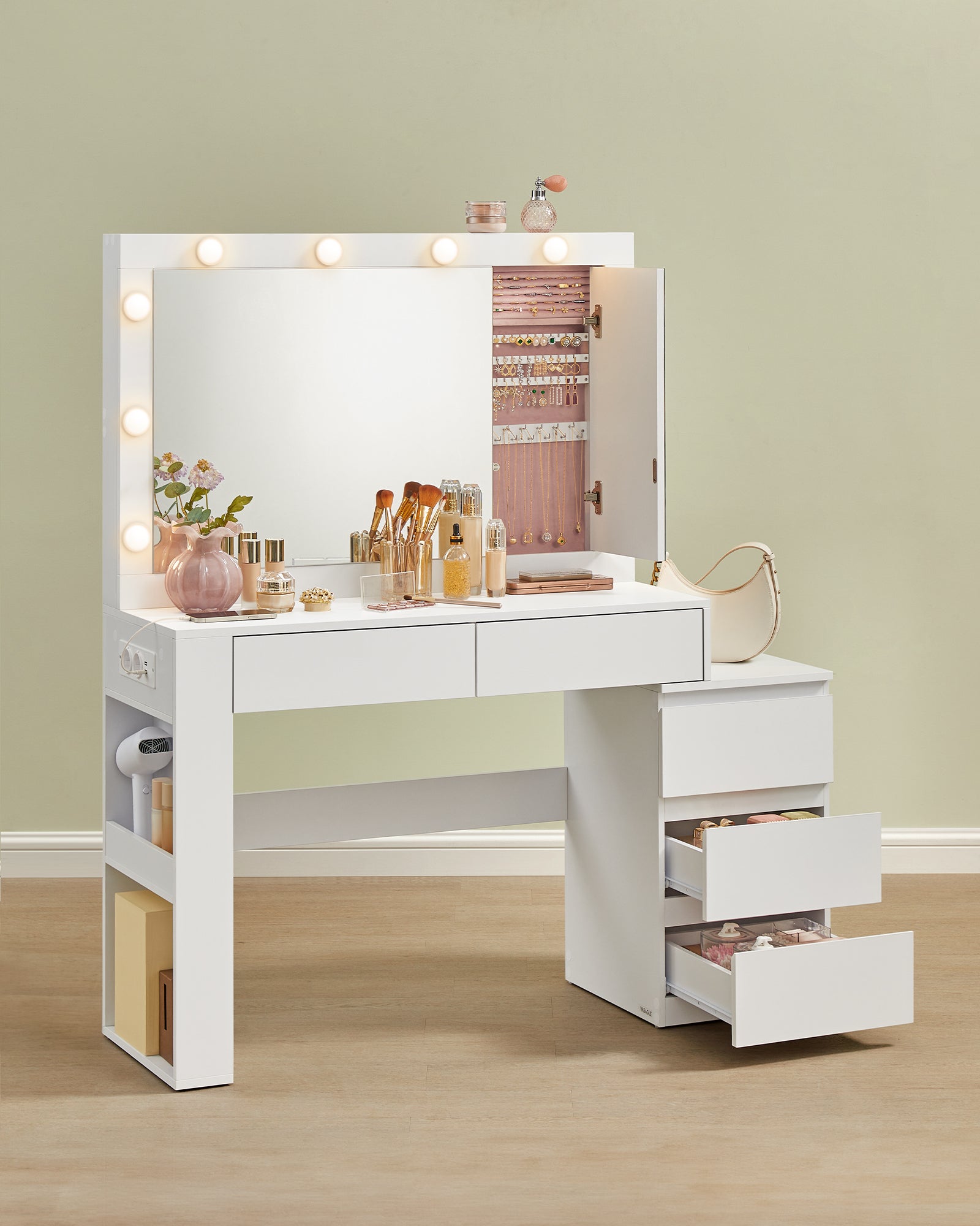 Coiffeuse, Table de Maquillage avec Tiroir, avec Éclairage LED et Miroir, Armoire à Bijoux, Multiprise, 40 x 125 x 140 cm, Blanc Nuage - 3