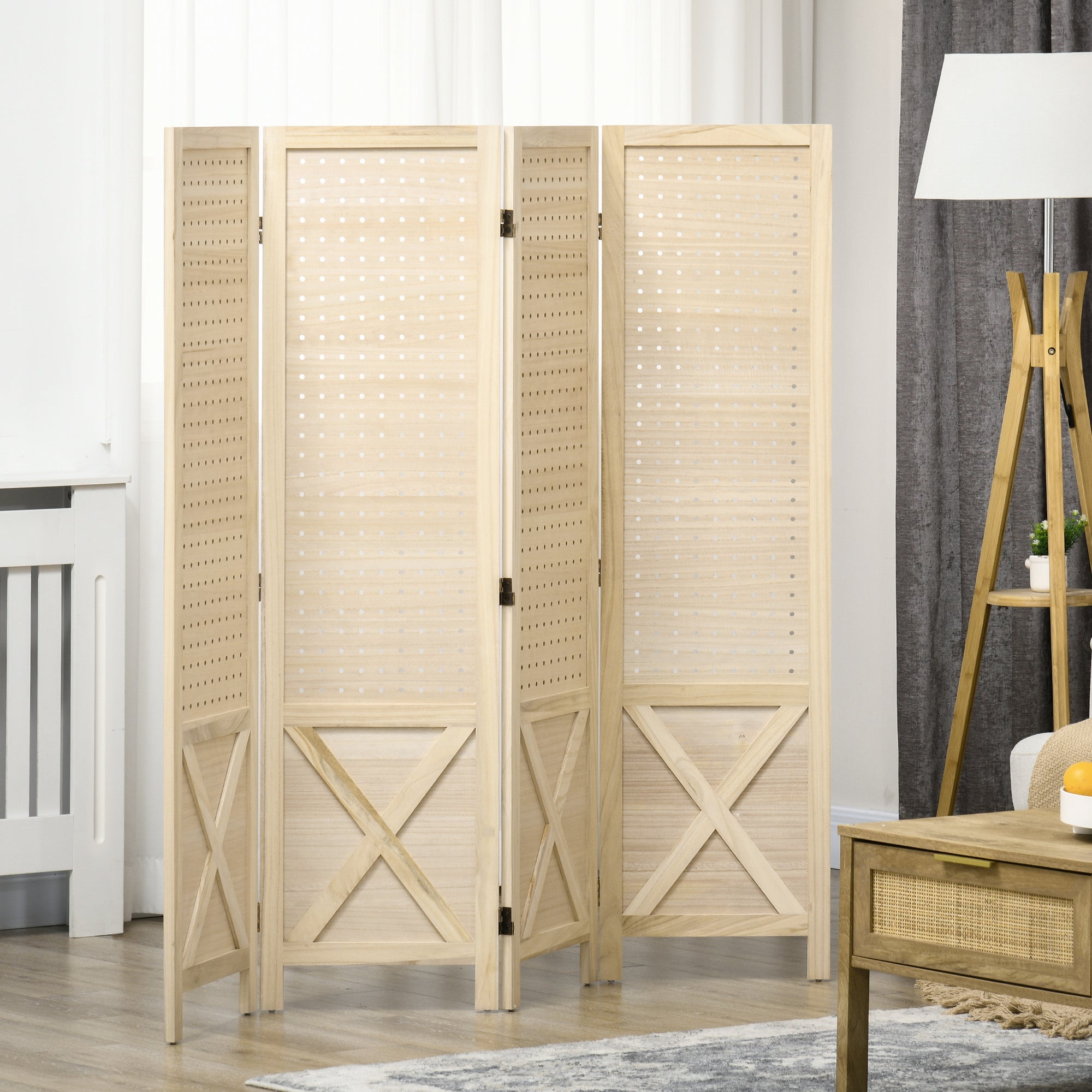 Paravent intérieur en bois 4 panneaux séparateur de pièce pliable panneau perforé 152x1,7x144,5cm bois naturel - 3