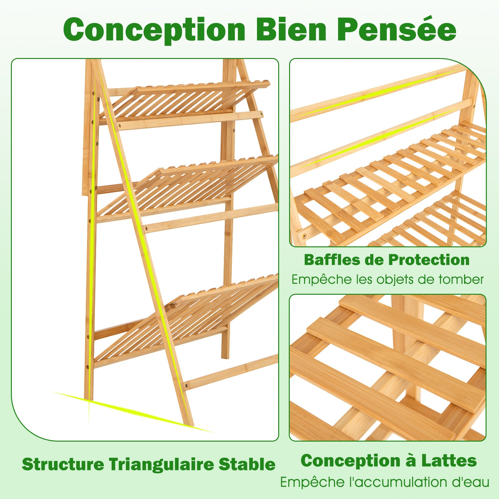 Etagère de jardin pliables à 3 niveaux de rangement, Support Plantes Interieur, 71×40×120-144 cm, bambou brut - 6