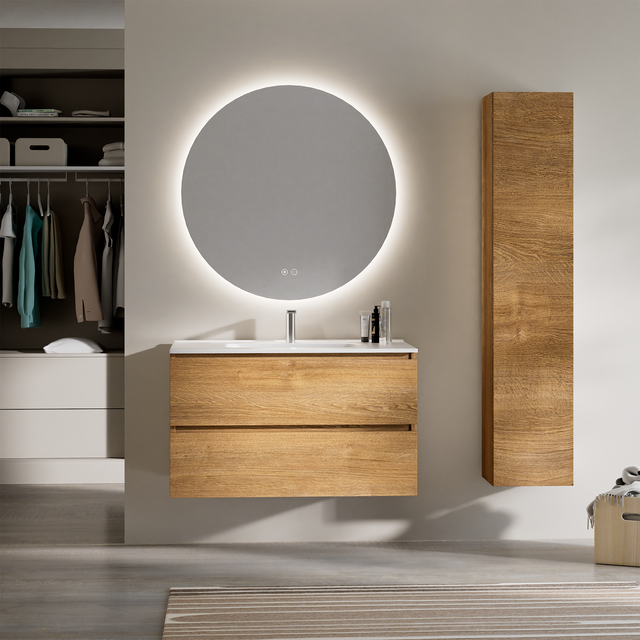 Feel Your Bath, Meuble de Salle de Bain PANTER Marron 100 cm, 2 Tiroirs, Vasque Céramique Intégrée et Miroir Rond LED