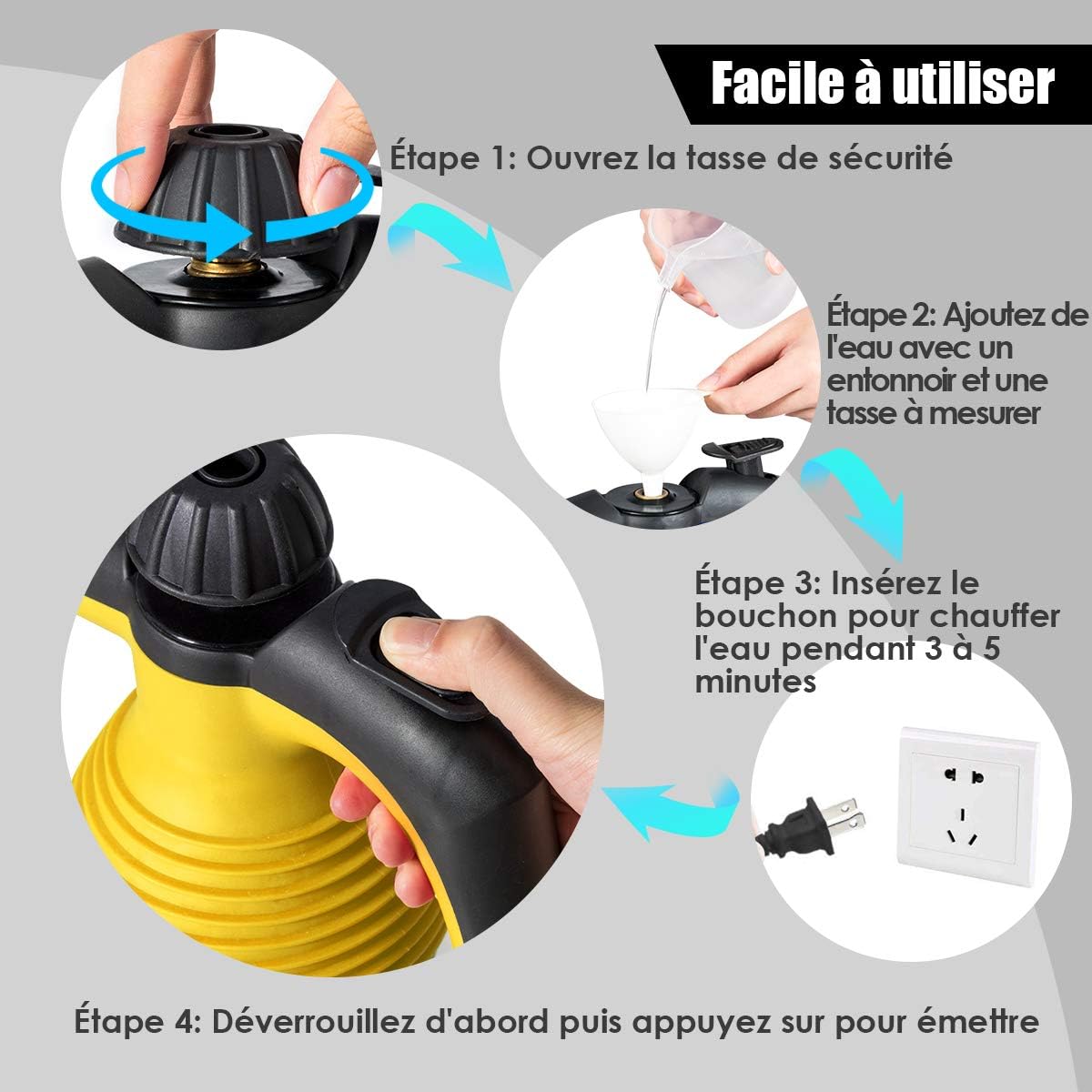 Limpador a Vapor Portátil, Limpador a Vapor Portátil com 9 Acessórios para Remover Manchas, Tapetes, Cortinas, 3 Bar de Alta Pressão, 350 ml, Amarelo - 8