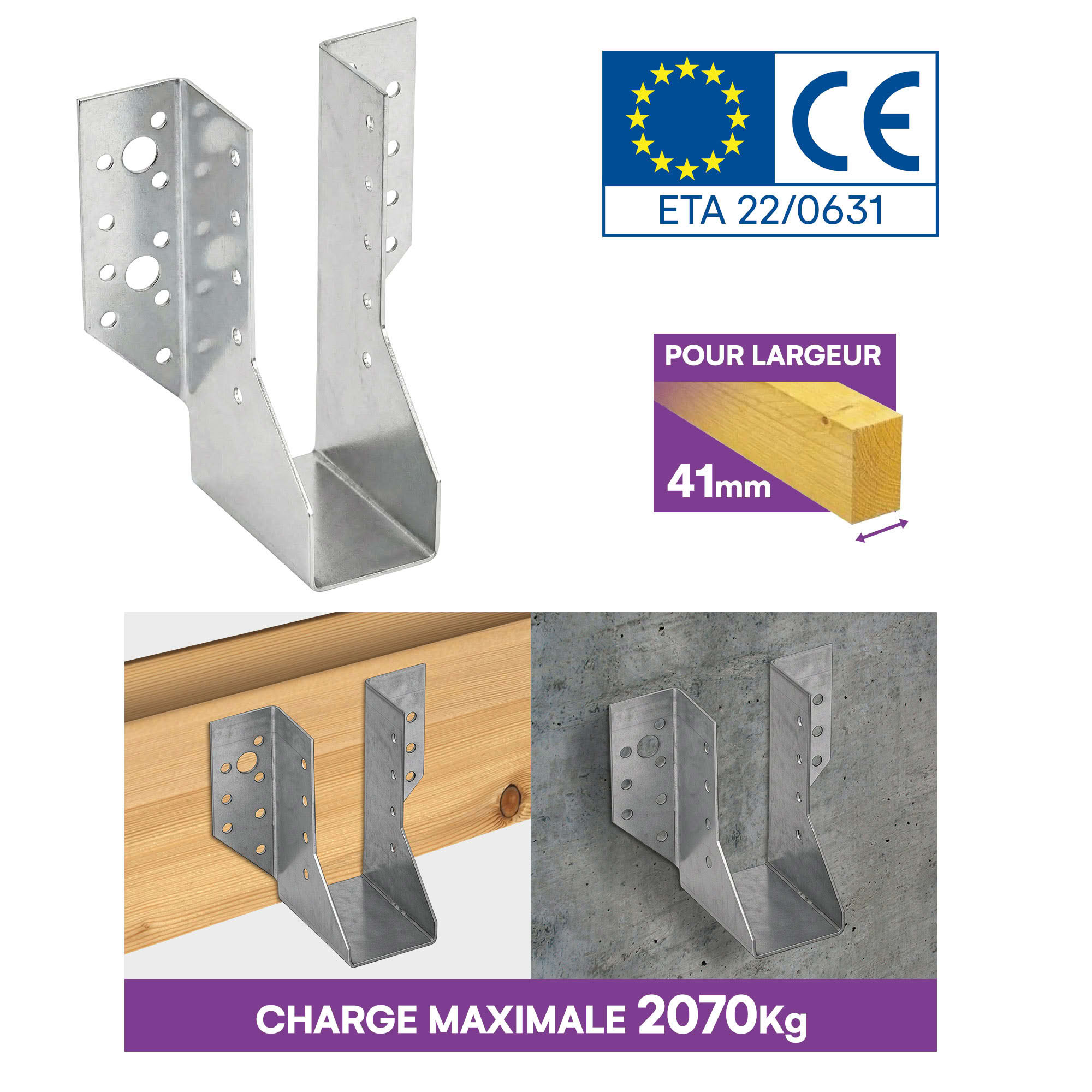 10 sabots de charpente à ailes extérieures - Connecteurs de poutres - Acier galvanisé - Larg 41 x Ht 142 mm - Fabriqué en Europe - 3