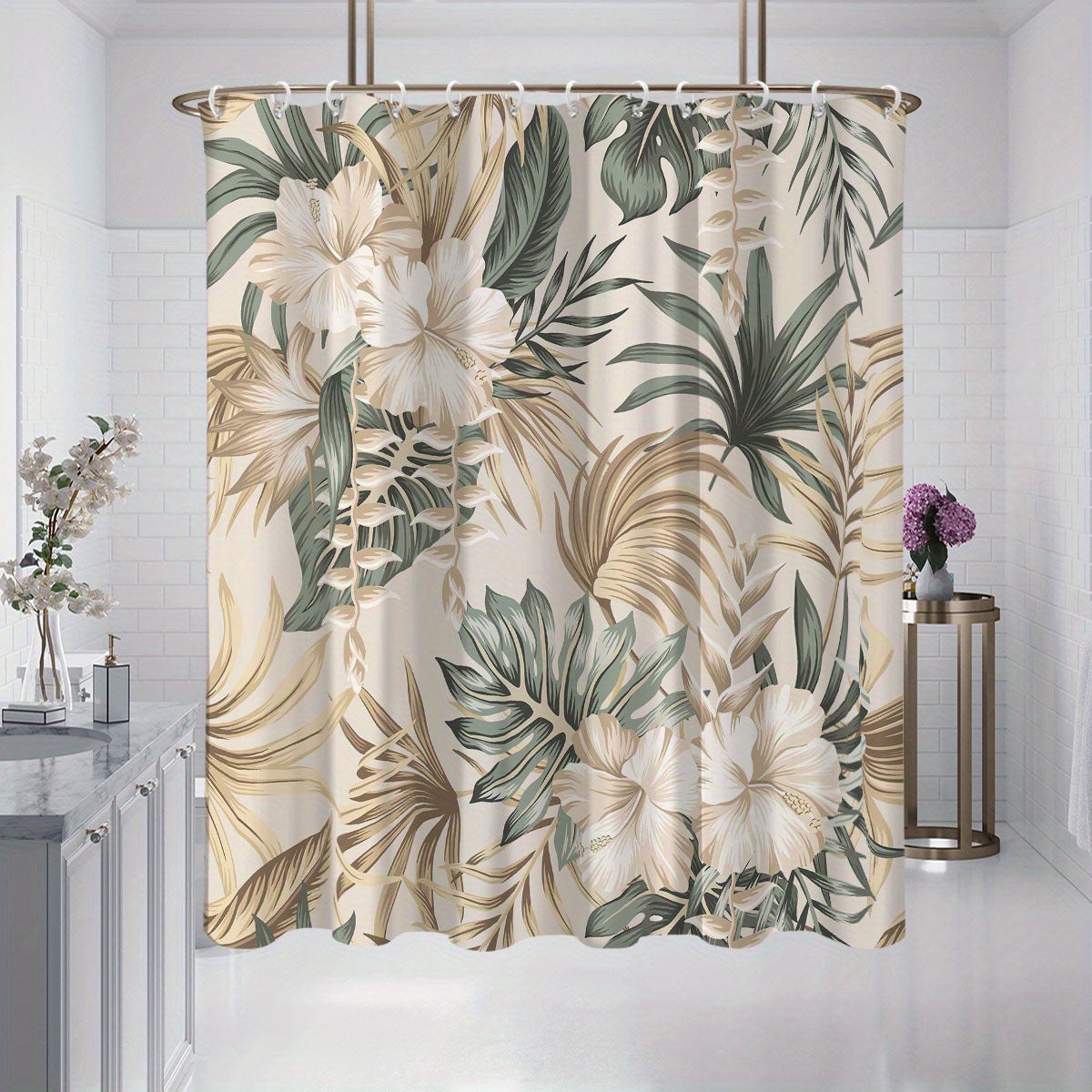 Tenda Doccia Botanica 183x183 Cm Con Foglie Di Eucalipto - Verde Salvia, Impermeabile, Set Con 12 Ganci, Per Bagno - 2