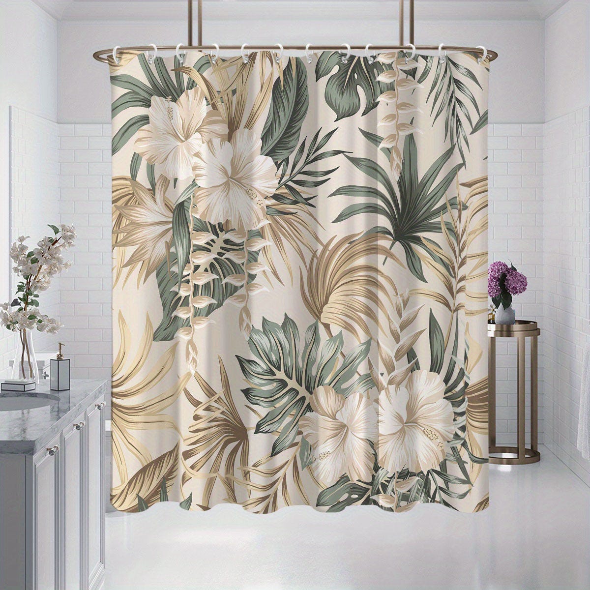 Tenda Doccia Botanica 183x183 Cm – Verde Salvia Con Foglie Di Eucalipto – Impermeabile Con 12 Ganci Inclusi