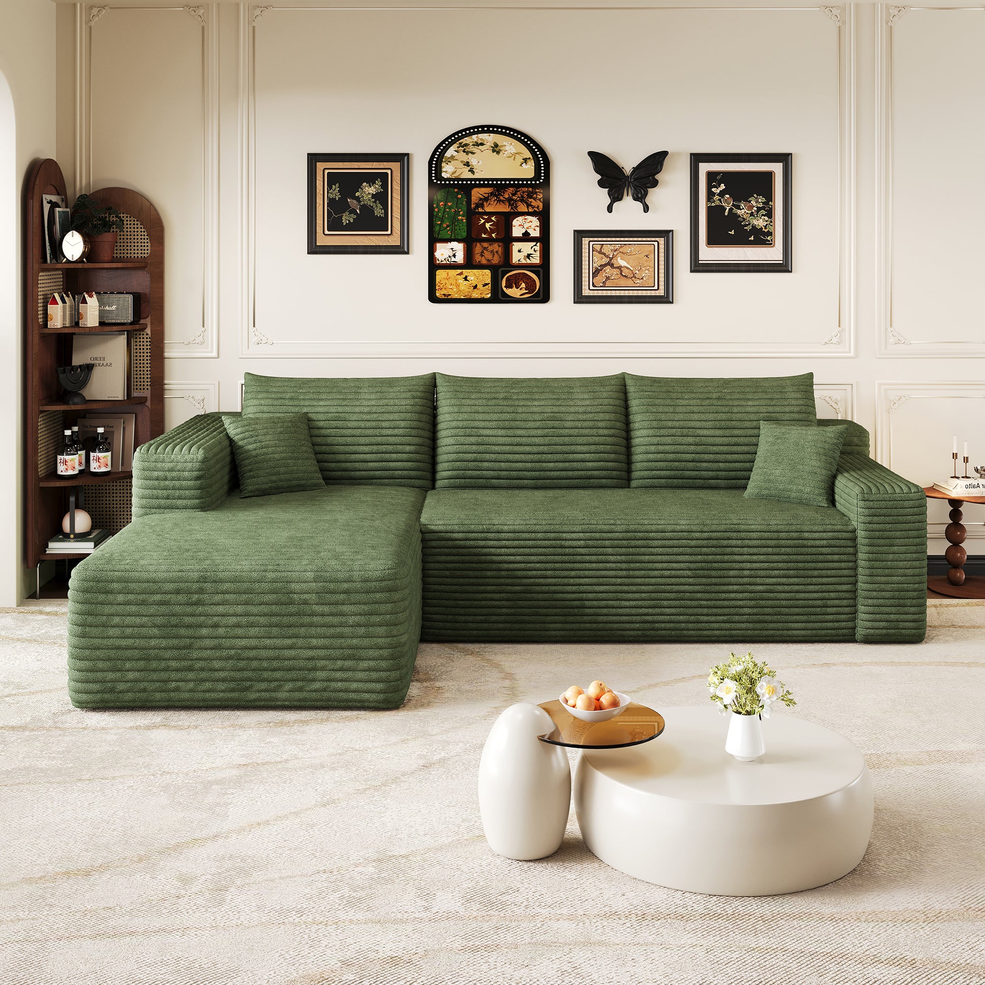 Canapé Modulaire compresse 241x151x58cm avec coussin, Canapé d'Angle Côté gauche Velours Côtelé avec méridienne, Assise Profonde,Canapé 3 Places Vert - 2