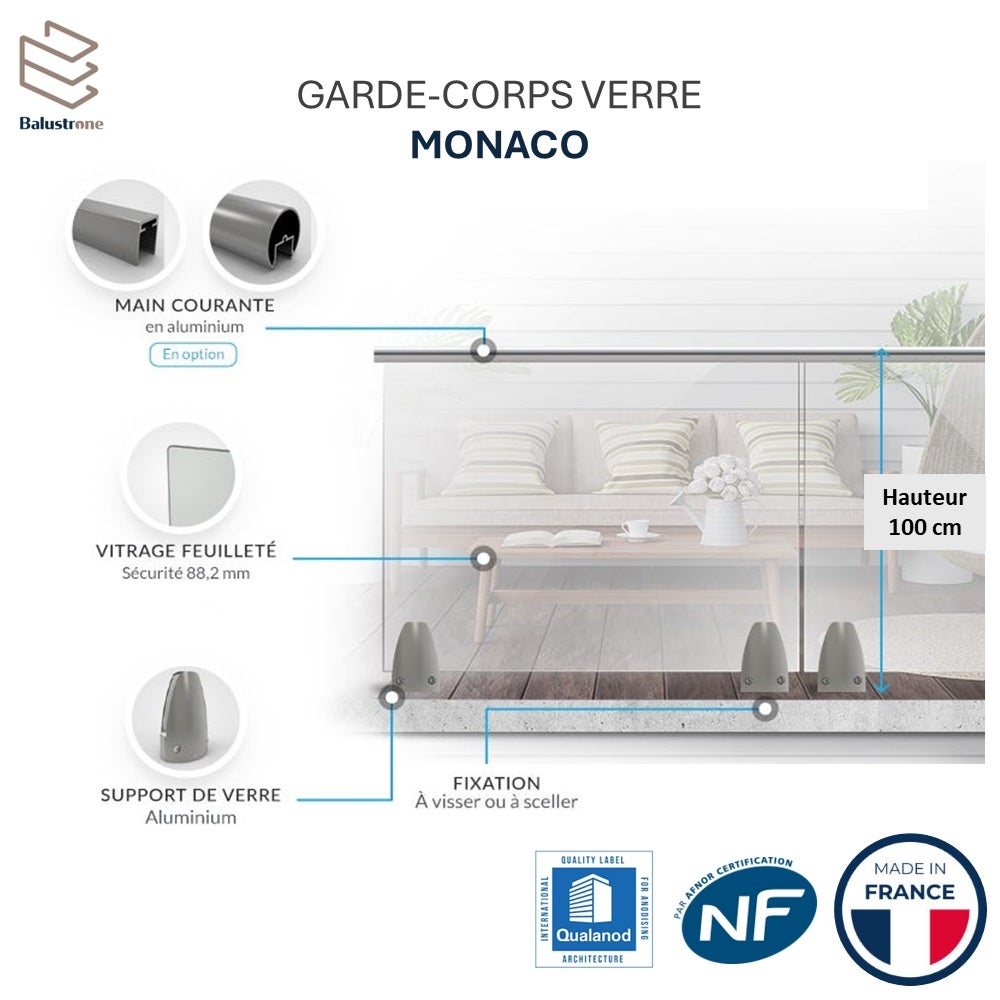 Garde-corps en verre feuilletée et trempée 17 mm, kit de 1 ml, pose sur pinces aluminium, MONACO - 5
