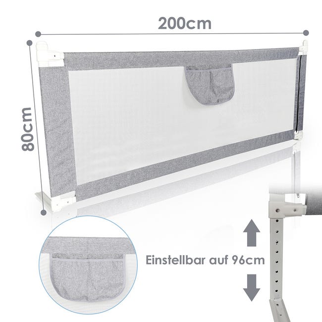 Barrière De Lit Enfant 180 Cm Réglable - Protection Anti-Chute Avec Filet Aéré Gris