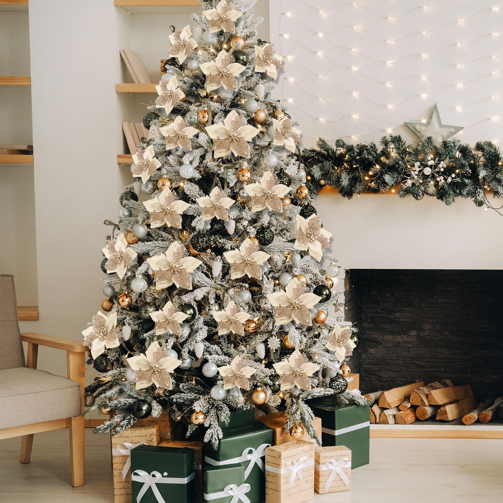 48 pezzi di decorazioni natalizie, fiori artificiali di Natale glitterati con clip, decorazioni per l'albero di Natale, pendenti con fiori di Natale - 2