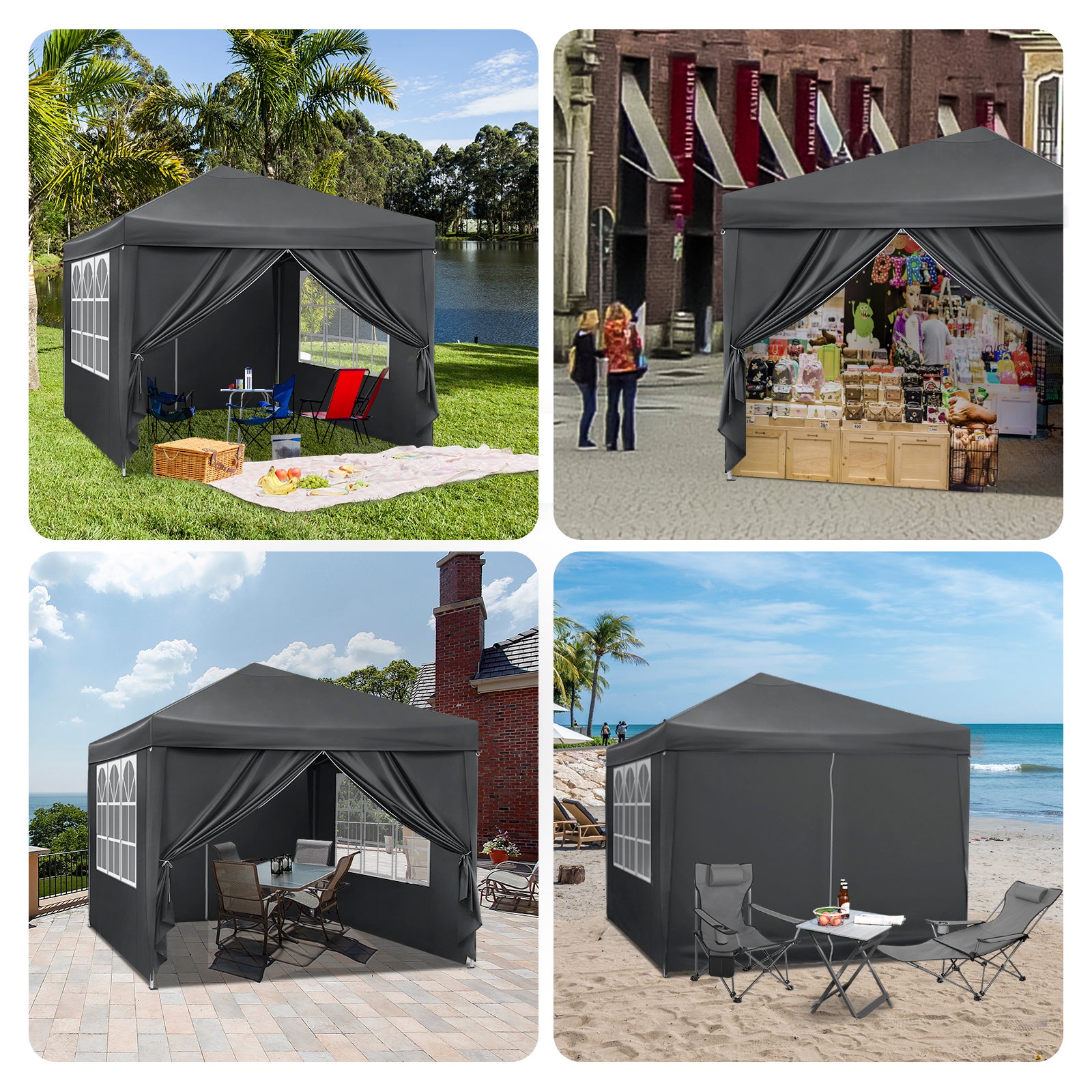 Carpa de jardín plegable de 3 x 3 m, impermeable, con protección solar UV y bolsa de transporte, para camping, cenador, parasol, gris/plateado - 3