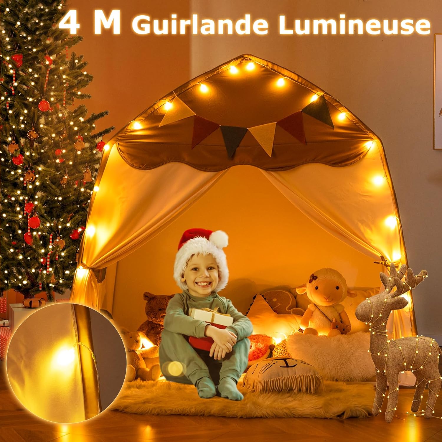 Tenda per bambini grande, casetta da gioco per bambini da interno ed esterno con luci, bandiere, 2 porte, 2 finestre, tenda indiana lavabile in lavatr - 2