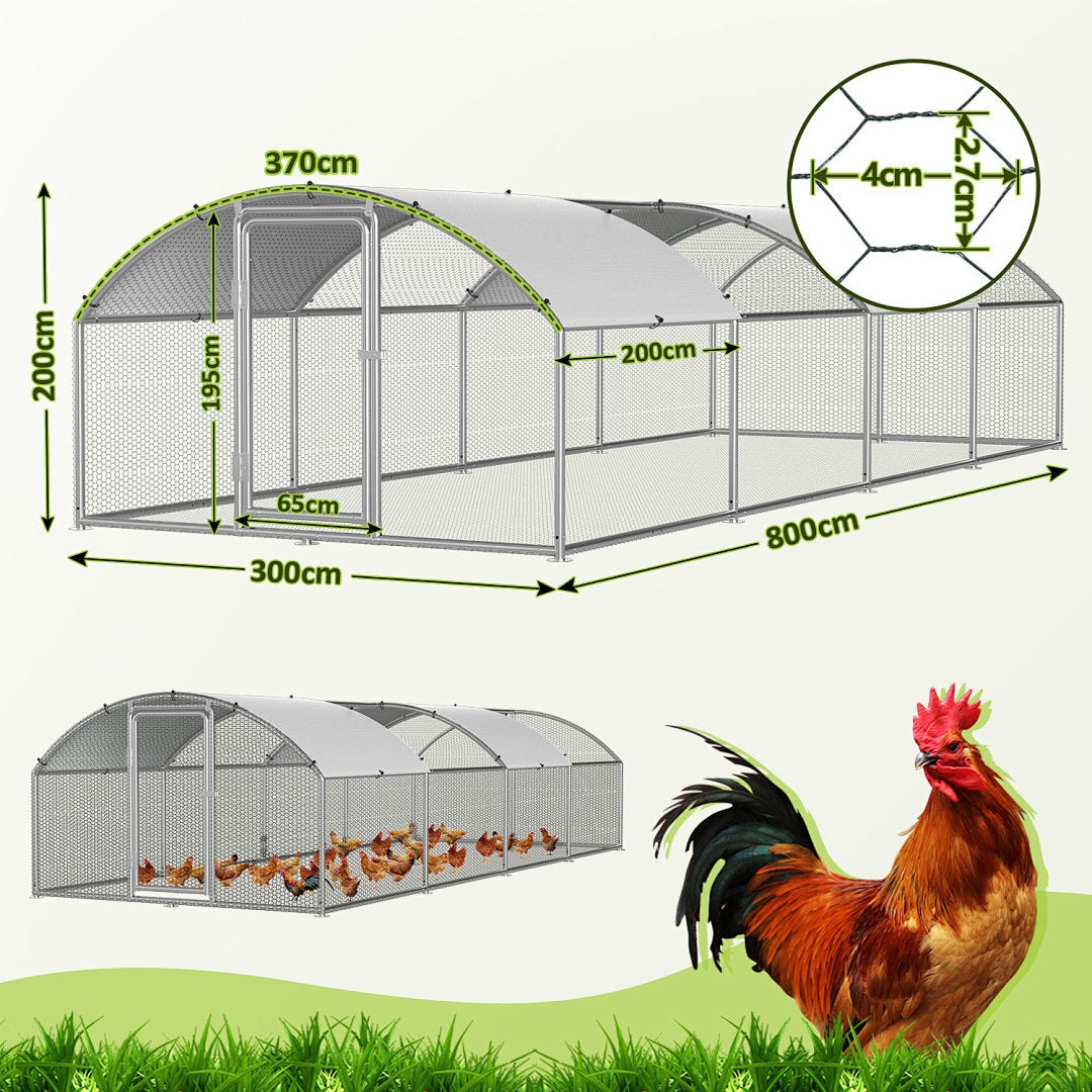 Klatka 3×8×2 m z łukowatym dachem – metalowa klatka dla kur, powierzchnia 24 m², zamykane drzwi, wybieg dla kur i małych zwierząt - 2