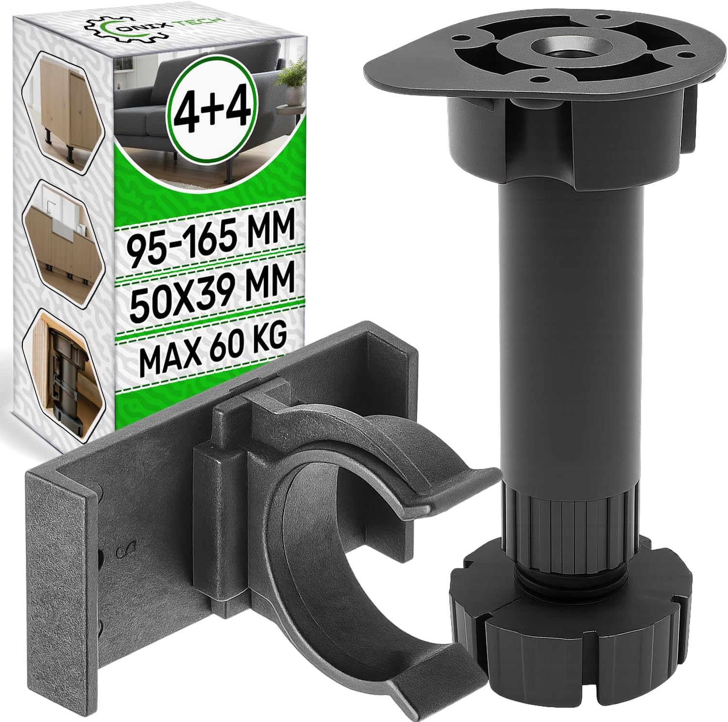 Set picioare reglabile pentru mobilă LATIO, 4 piese, negru, 95-165 mm, capacitate de încărcare 60 kg, set cleme pentru plintă de bucătărie,, plastic