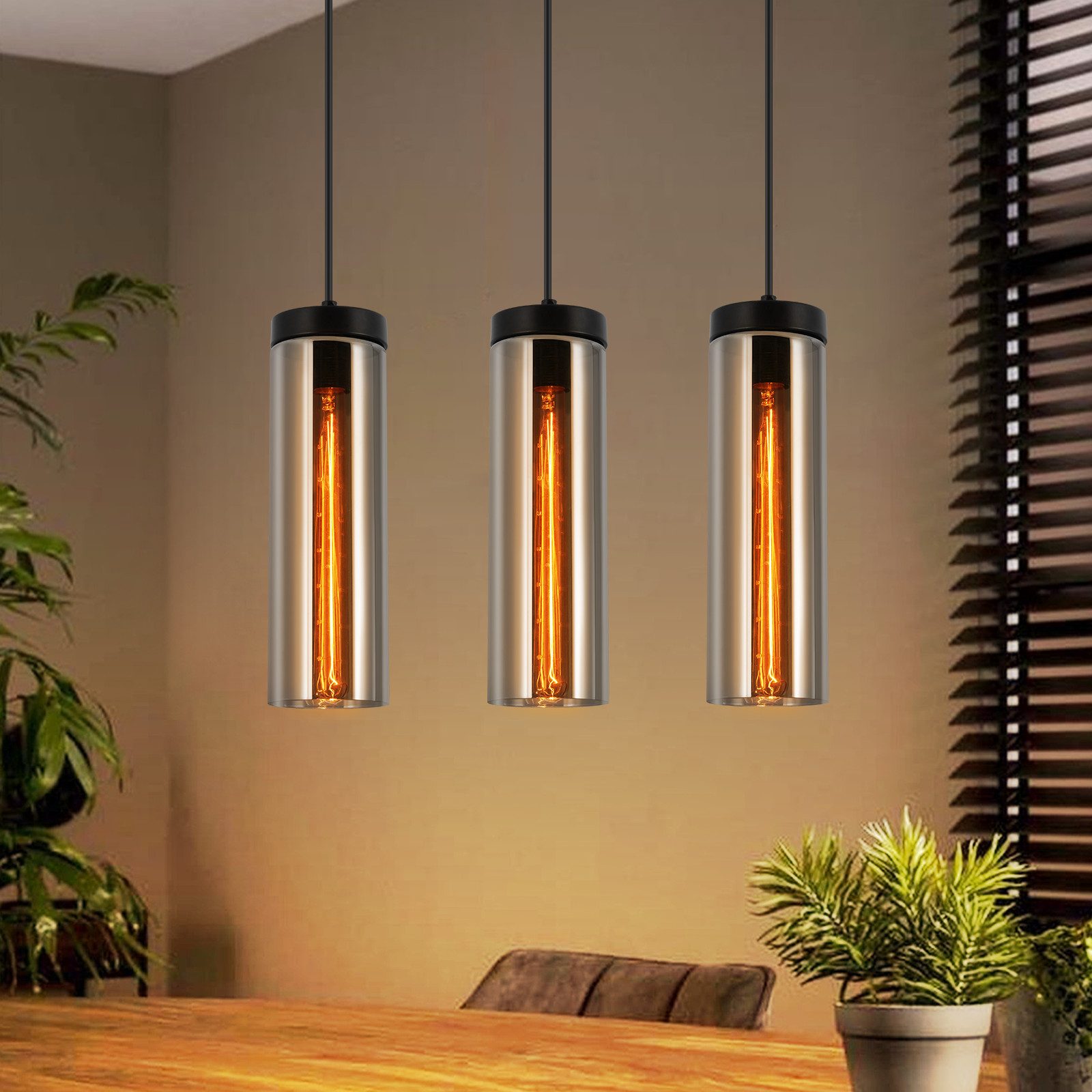 NETTLIFE Lampă pentru suspensie Pentru masa de mancare Din sticlă neagră Mat Retro 3 Flacăra E27