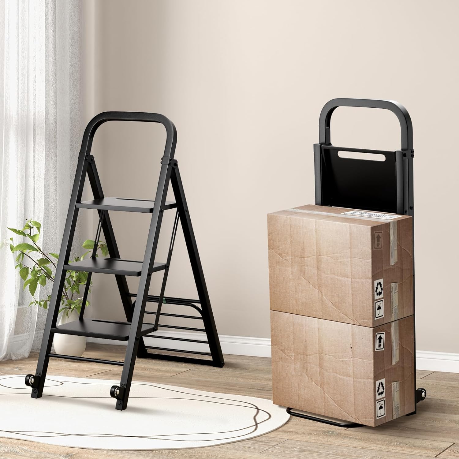 Escabeau Pliable à 3 Marches, Chariot Echelle 2 en 1 avec 2 Roues en Caoutchouc, Chariot Utilitaire en Fer, Charge 250Kg, Noir - 2