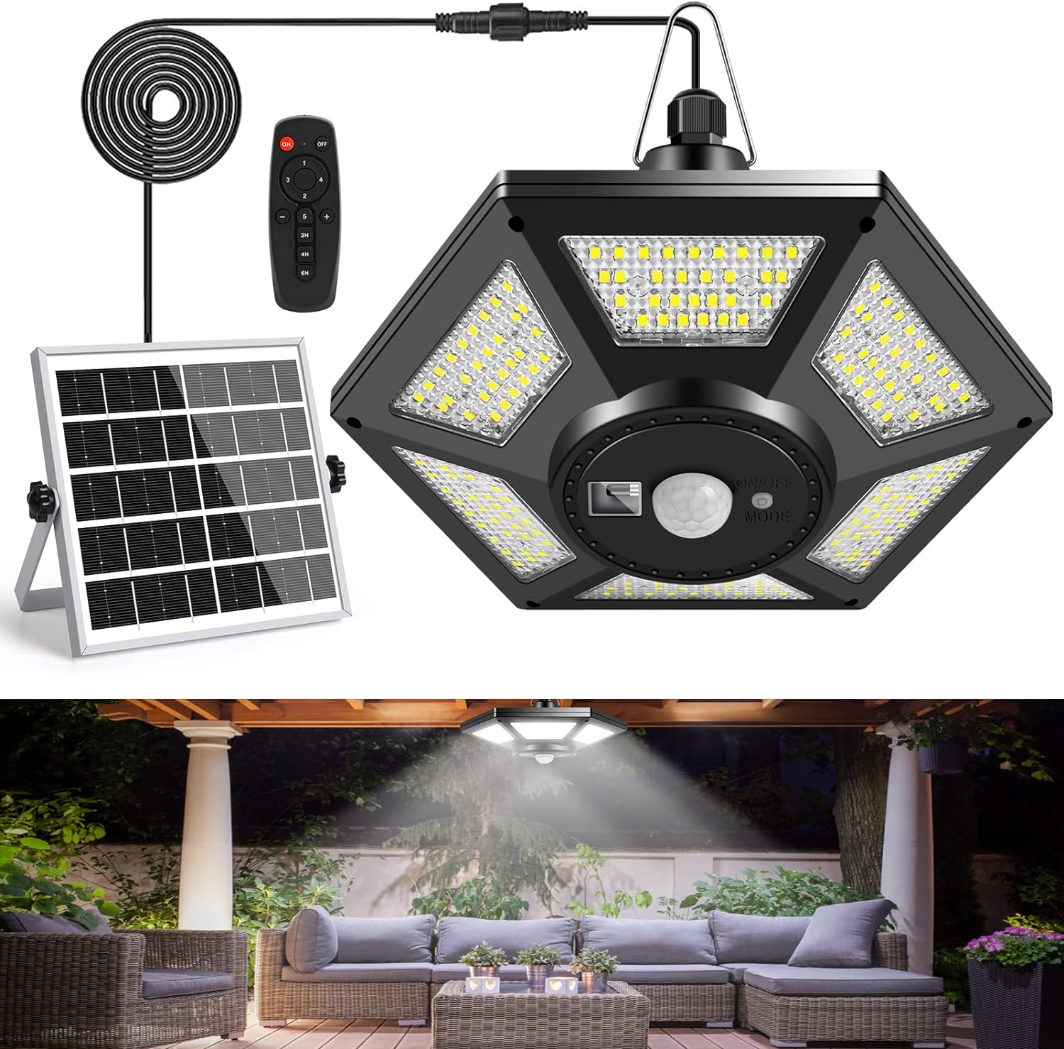 Zasilana energią słoneczną lampa wisząca do użytku zewnętrznego, z pilotem, czujnikiem ruchu i 4 trybami oświetlenia, białe światło 180 LED