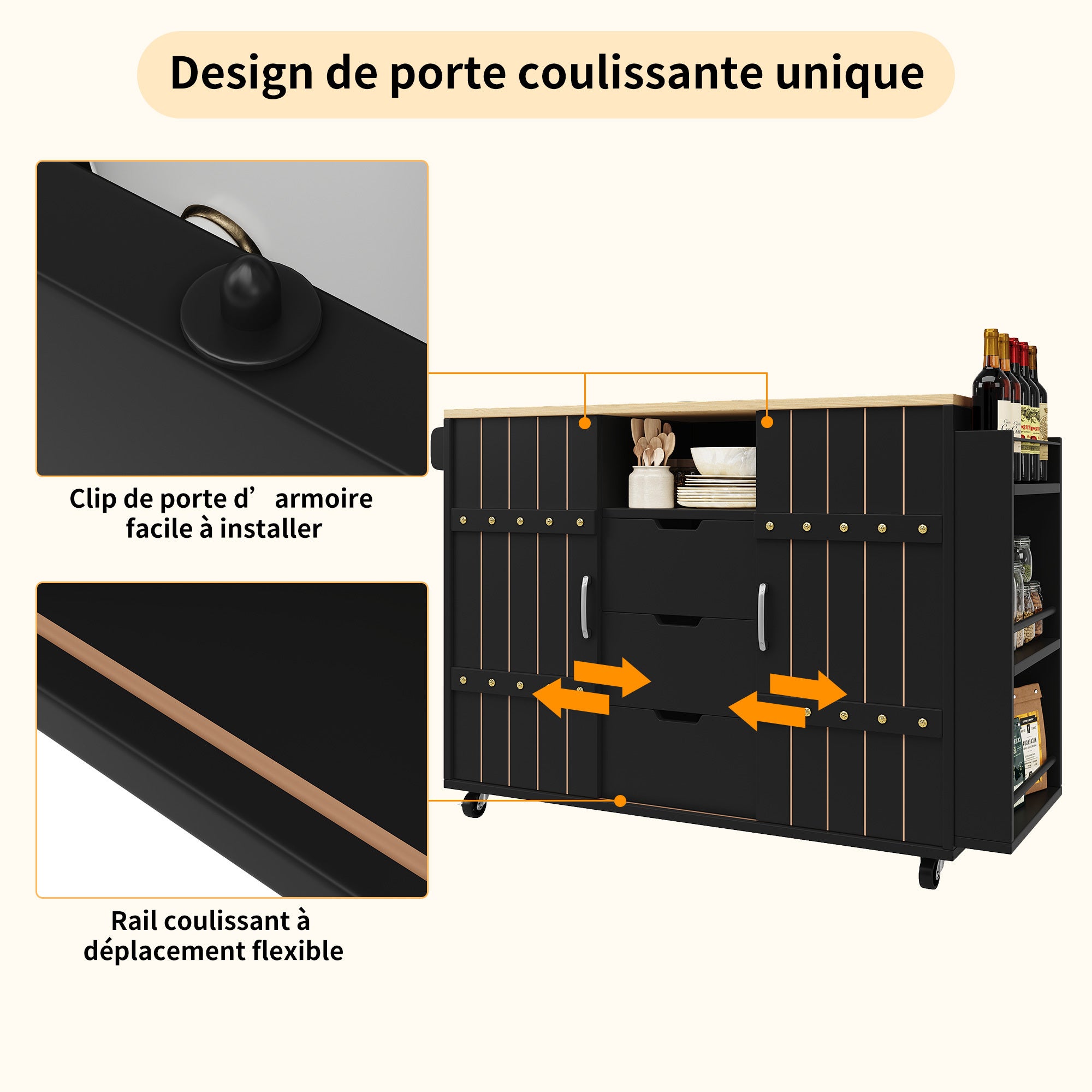 Buffet cuisine avec plan de travail, Chariot à roulettes avec tiroirs, Desserte cuisine avec étagère à épices et porte serviettes,Noir 110x42x90cm - 3
