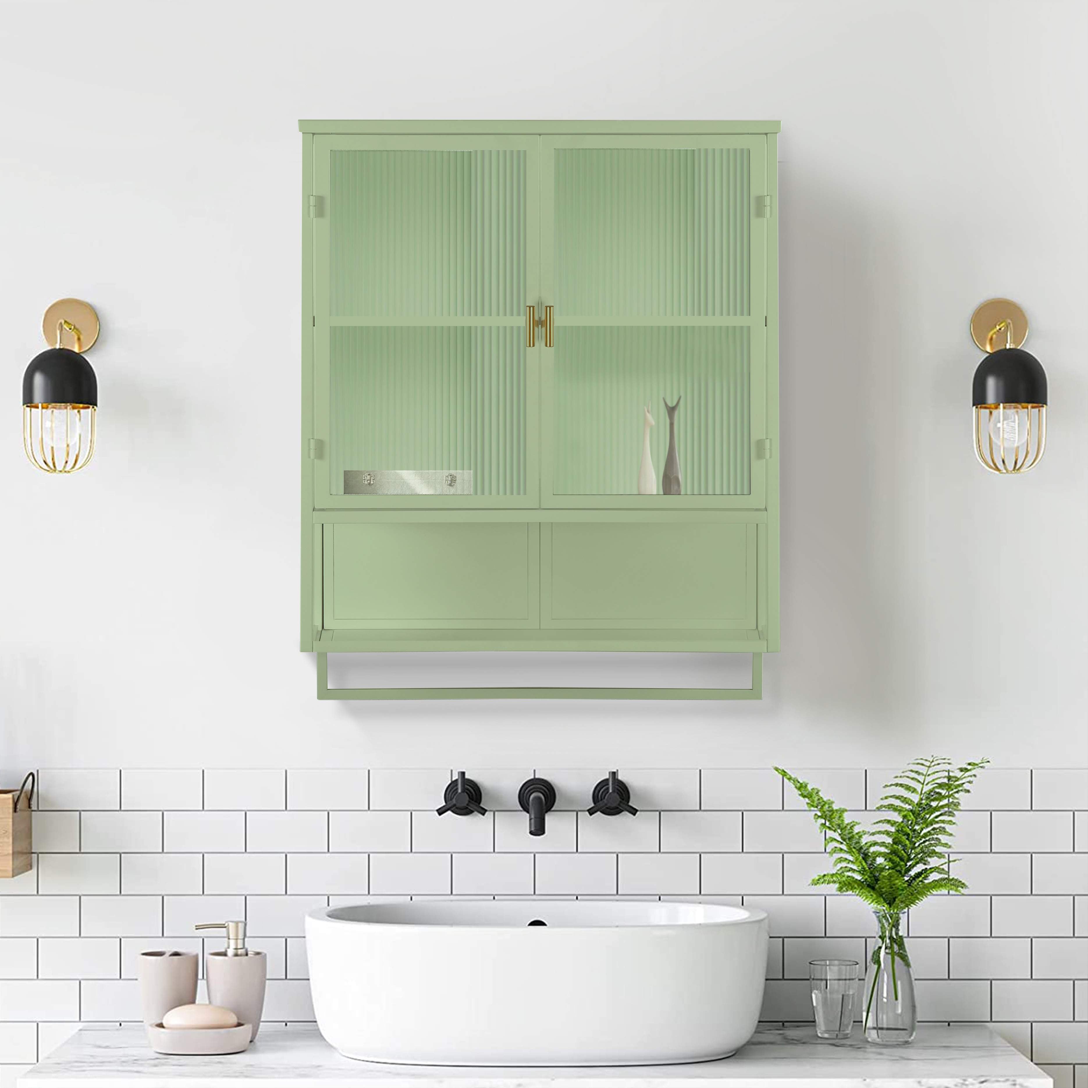 Cabinet mural vintage en bois avec portes vitrées, 3 étagères et porte- serviette, 63 cm, pour salle de bain, cuisine et salle à manger | Leroy Merlin