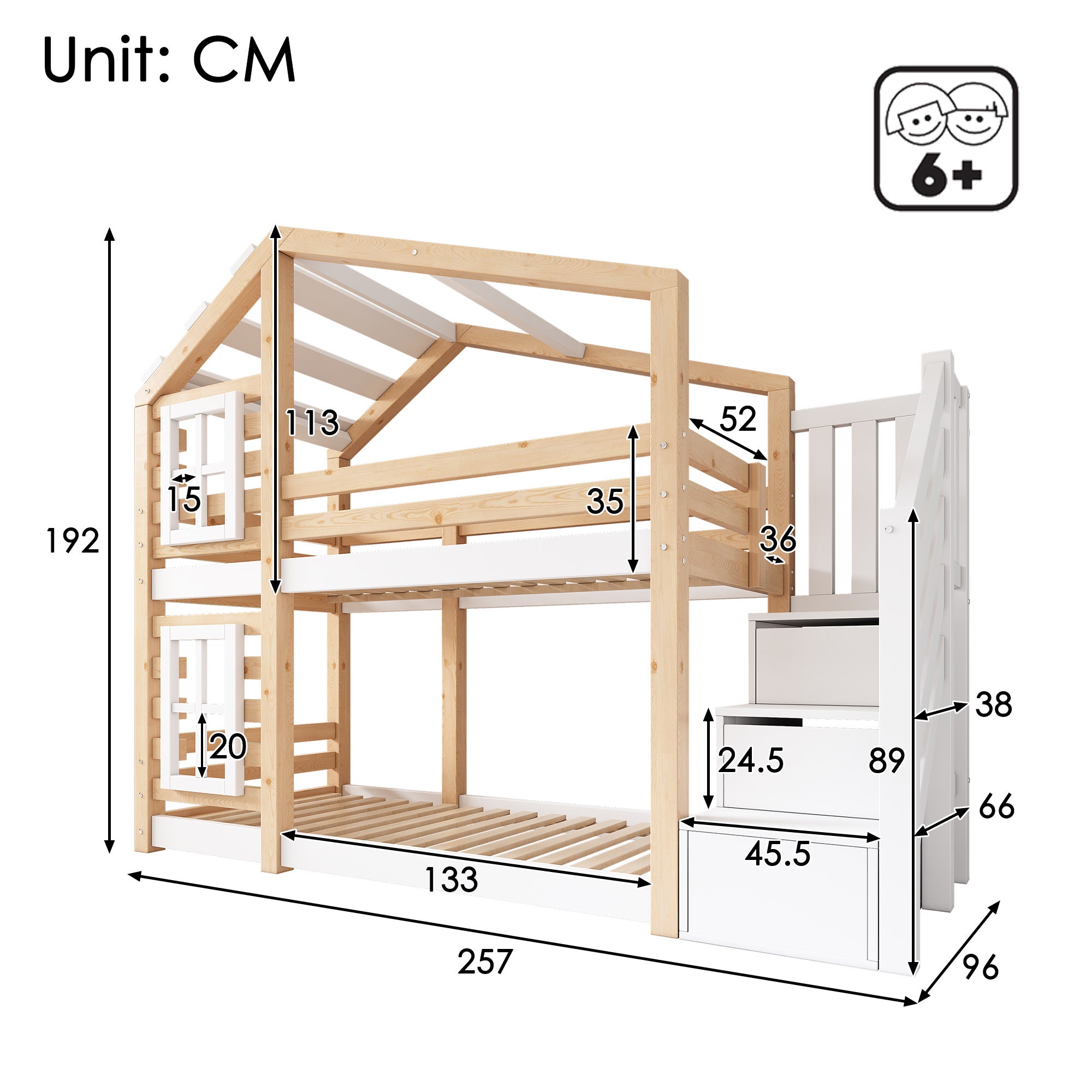 Lit superposé enfant 90x200 cm design maison dans les arbres - EN 747- lit mezzanine en bois en rangements escalier et barrières sécurité, naturel - 5