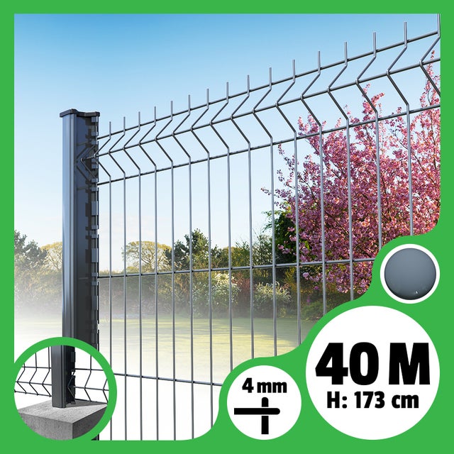 Kit grillage rigide poteaux H - longueur 40 mètres - 173 cm, Gris Anthracite, A sceller