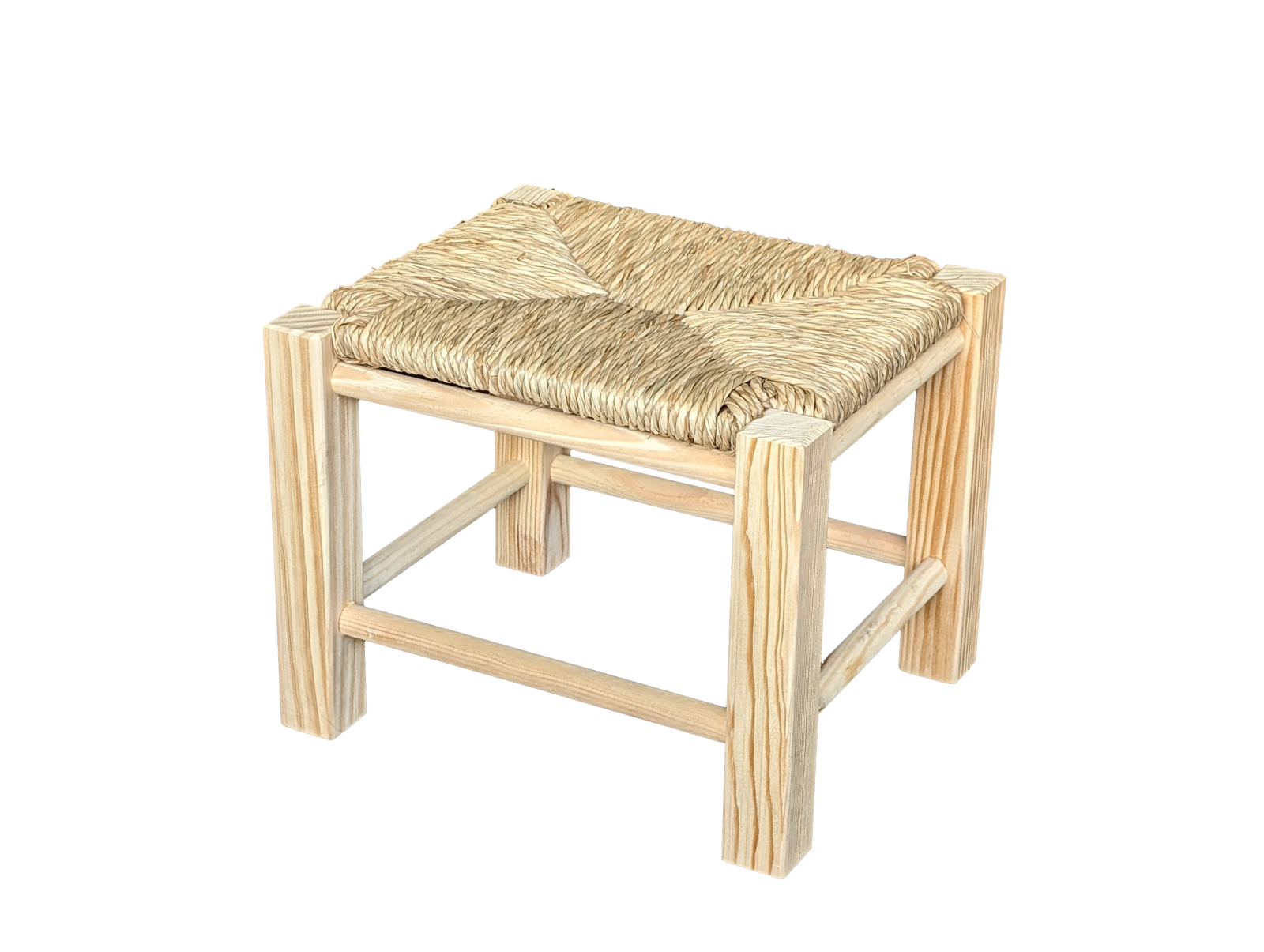 Taburetes madera maciza con asiento de enea. en madera natural. en crudo. medidas (ancho/fondo/alto): 32*28*25 cms.