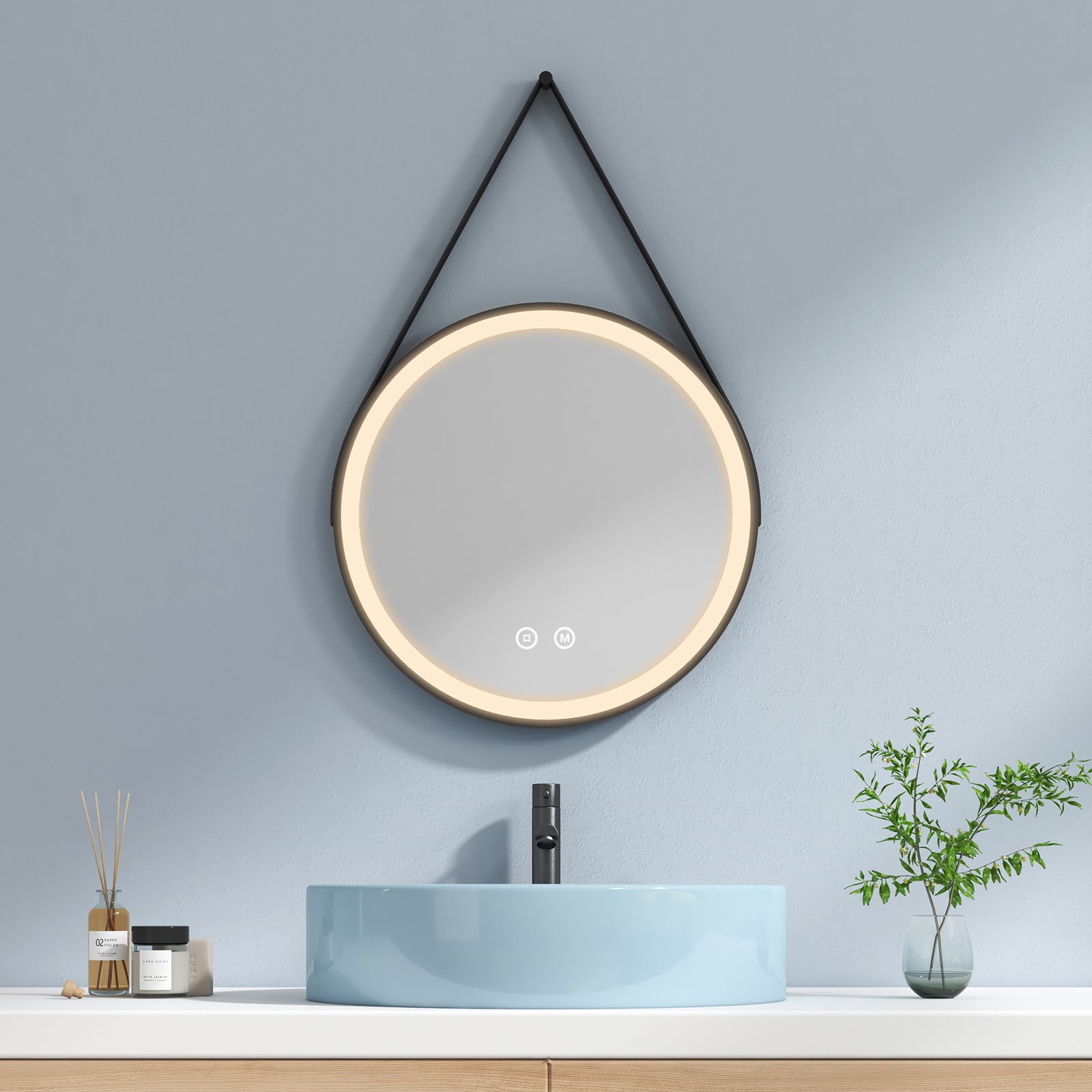 EMKE Miroir lumineux salle de bain rond diamètre 50cm cadre noir, Sangle réglable, Miroir LED avec Interrupteur Tactile, Lumière Froide/Chaude/Neutre - 7