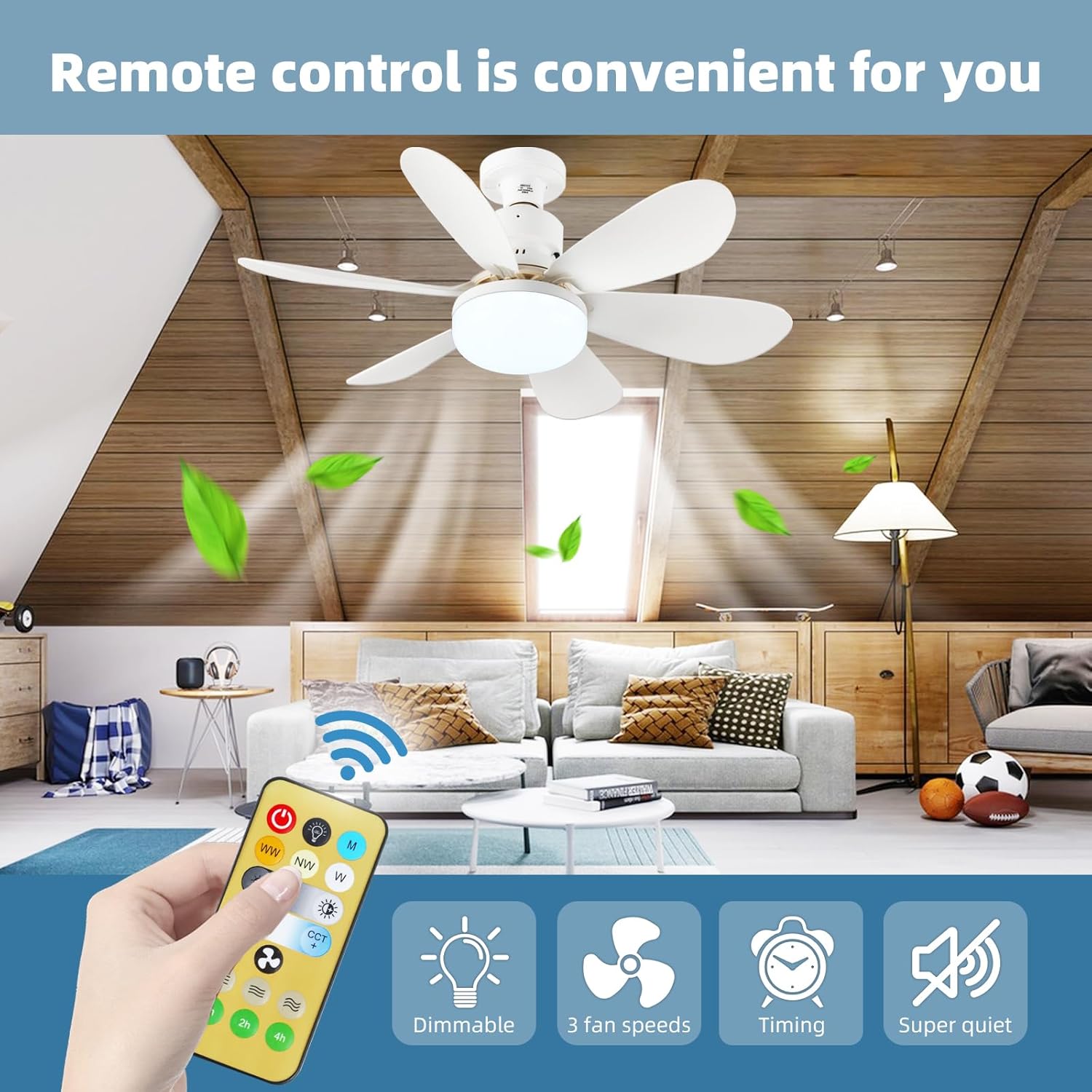 Ventilateur de plafond blanc avec éclairage, modèle LED silencieux de 40 W, compatible avec les douilles E26/E27, avec télécommande. - 5