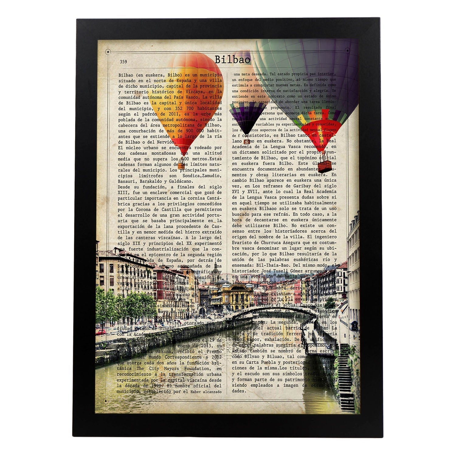 Lamina ciudad de bilbao. estilo vintage. ilustracion con la historia de bilbao. marco madera clara - a3