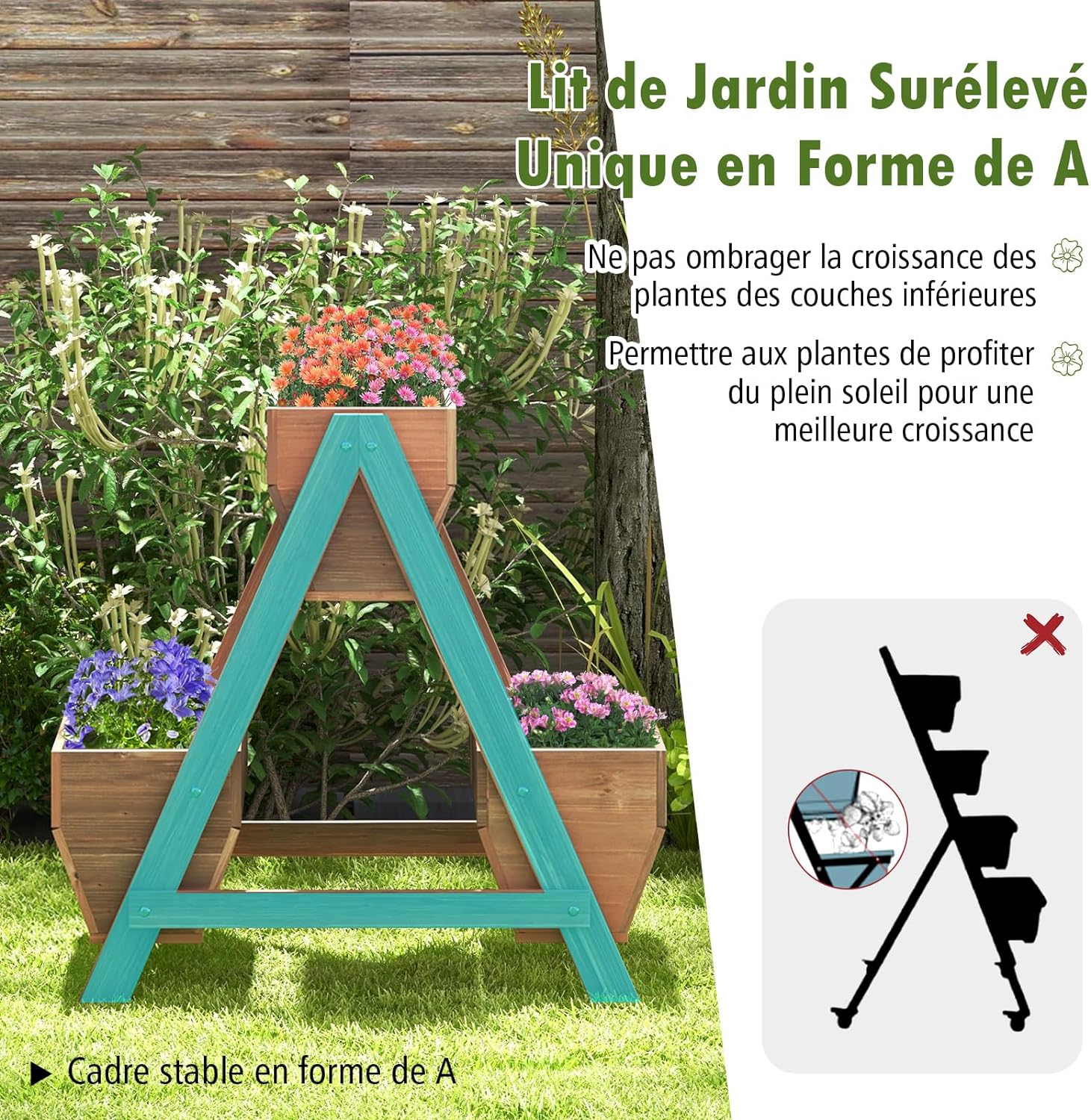 Letto da Giardino Rialzato Verticale con 3 Fioriere in Legno e Fori di Drenaggio, Fioriera a Scala per Frutta, Verdura e Fiore, Aiuola per Int - 4