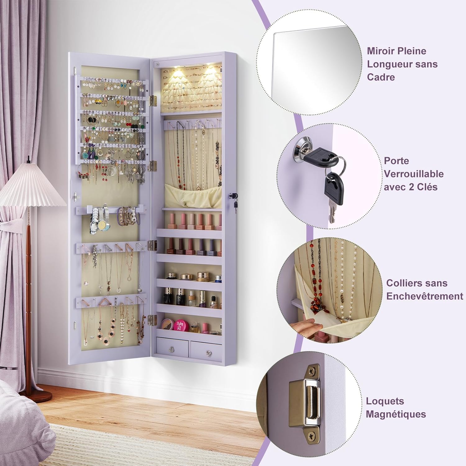 Armoire à Bijoux avec Miroir, Armoire a Bijoux Murale avec Éclairage LED, 2 Tiroirs, Fixer au Mur ou à Suspendre sur Porte (Violet) - 8