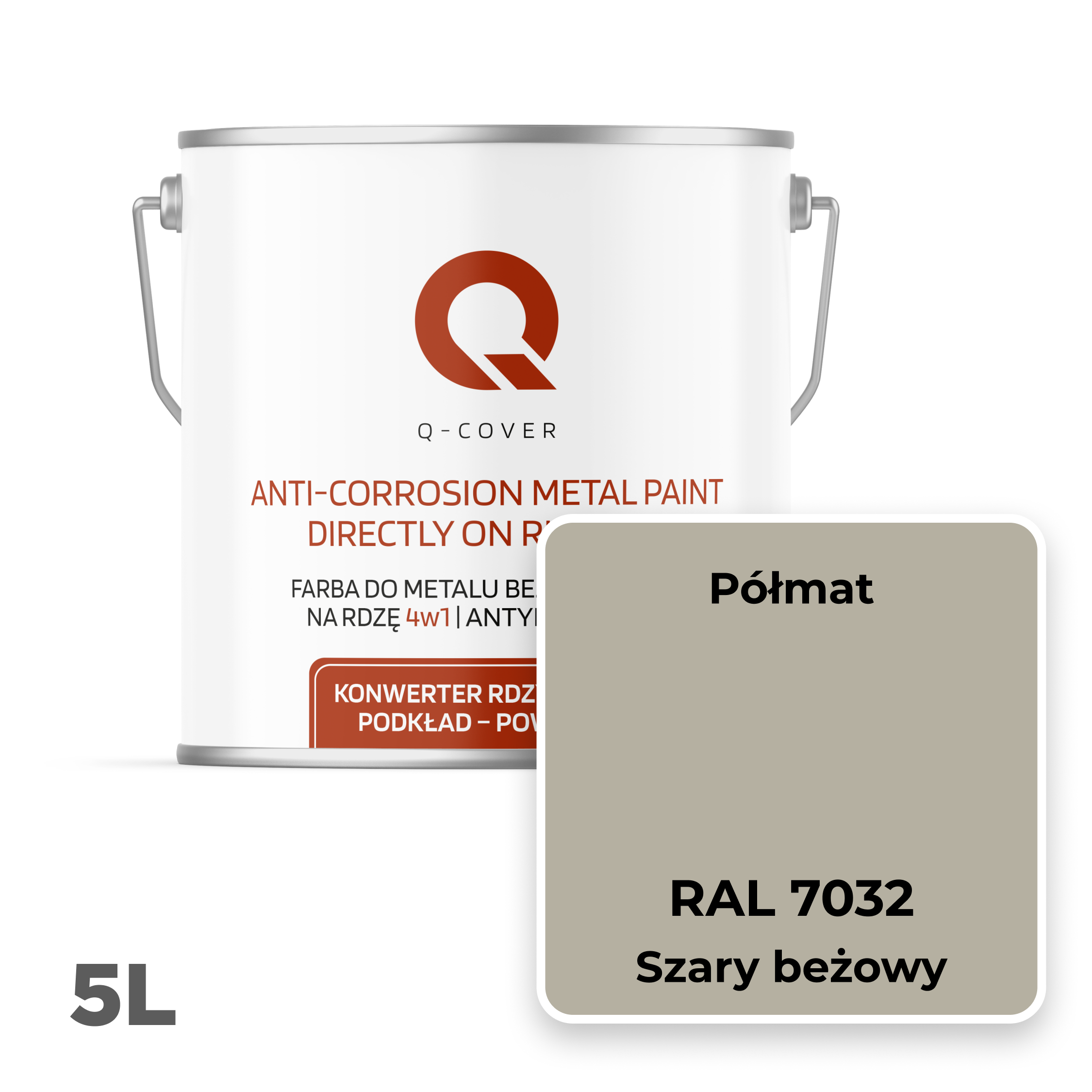 Farba do Metalu Prosto na Rdzę 4w1 Q-Cover Szary beżowy RAL7032 Półmat 5L - 2