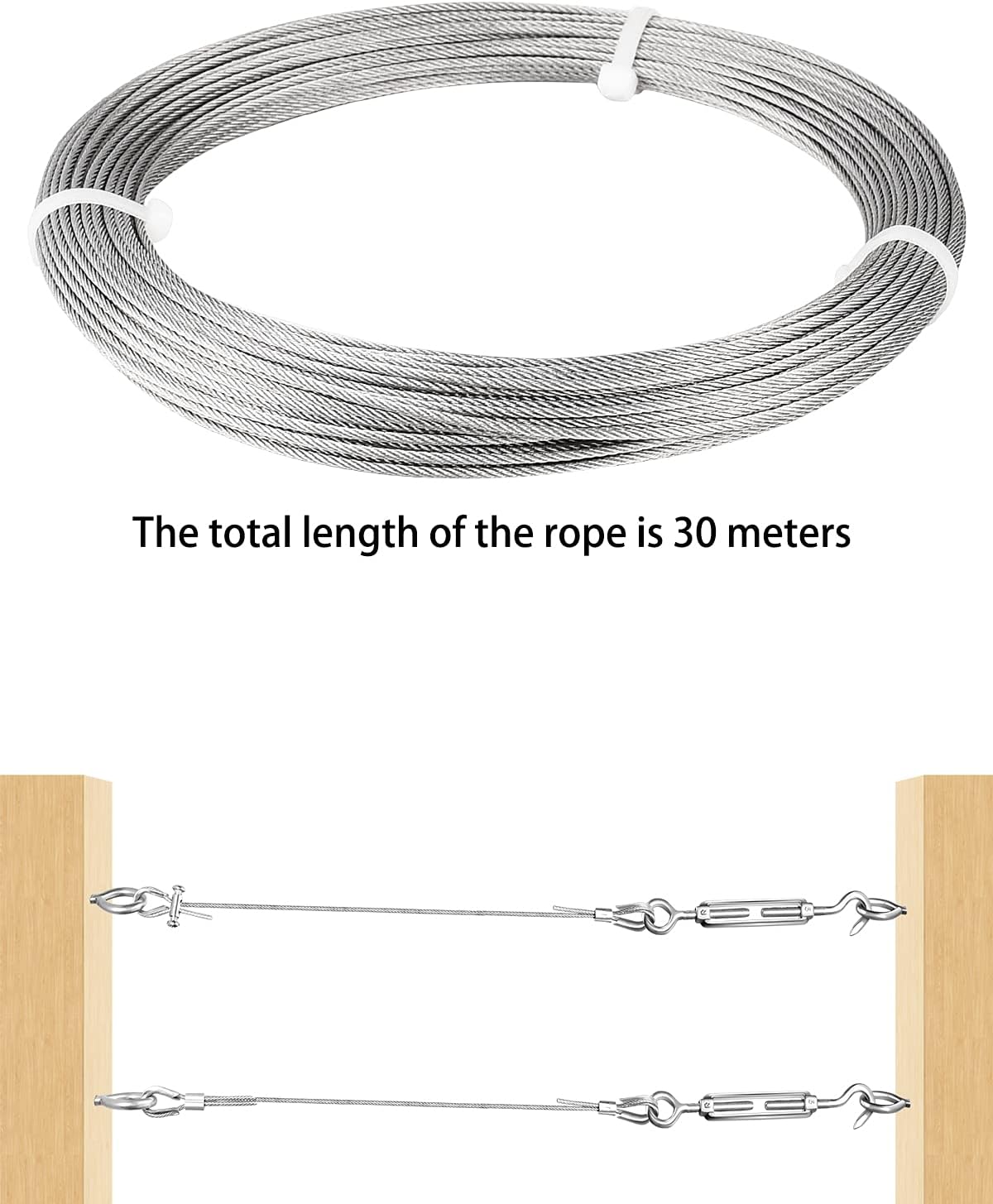 Cavo metallico, kit cavi, adatto per appendere luci, piante, piante rampicanti, stendibiancheria, 30 metri - 2