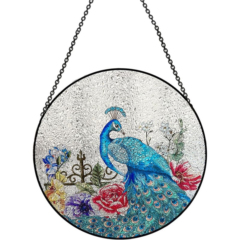 Wiszący łapacz słońca z witrażem w kształcie pawia, 20 cm, witrażowy łapacz słońca, dekoracja ogrodowa
