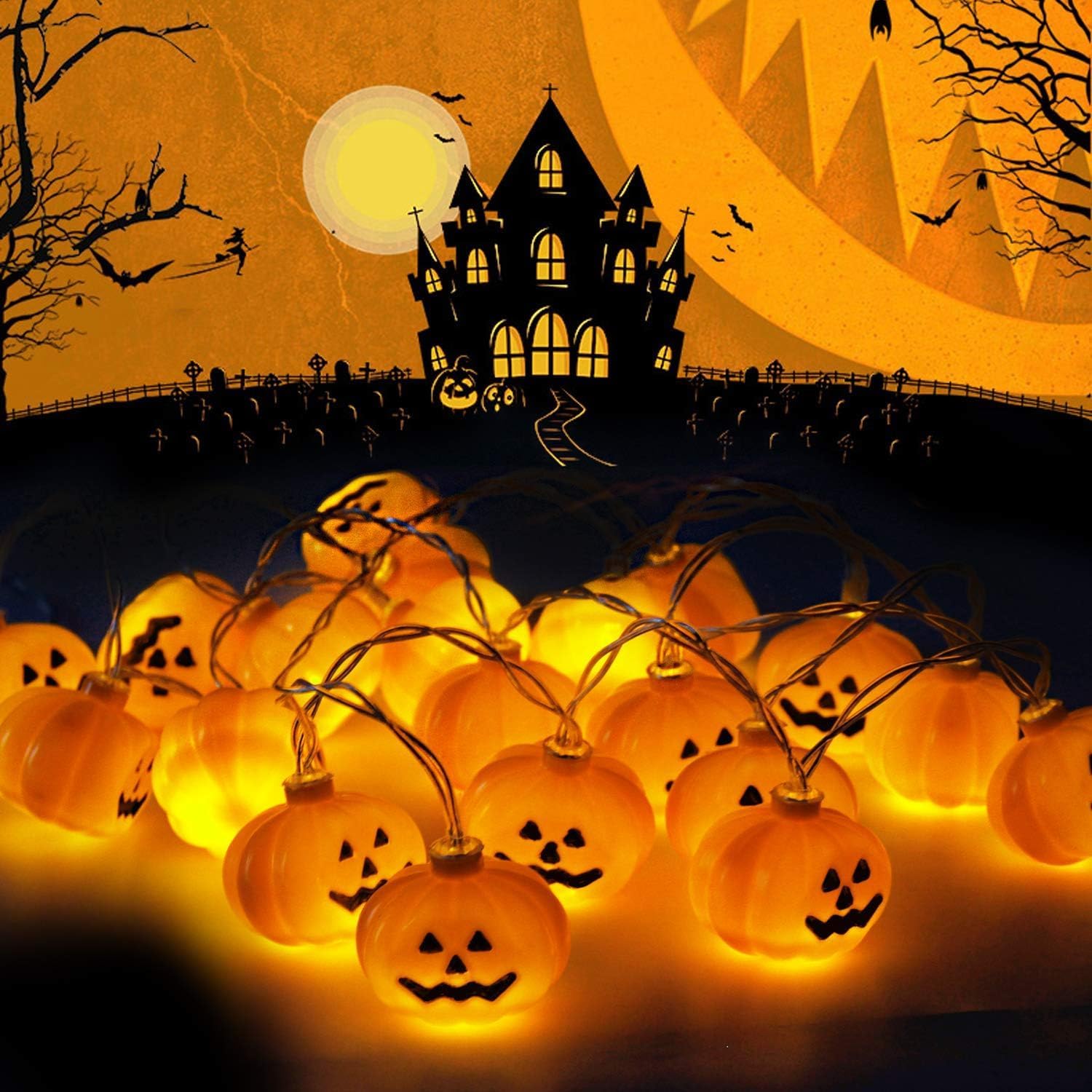 Guirlande Lumineuse Citrouilles - 5m, 50 LEDs Mini - Fonction Timer 8h - Piles (Non Incluses) - Décoration Automne/Halloween