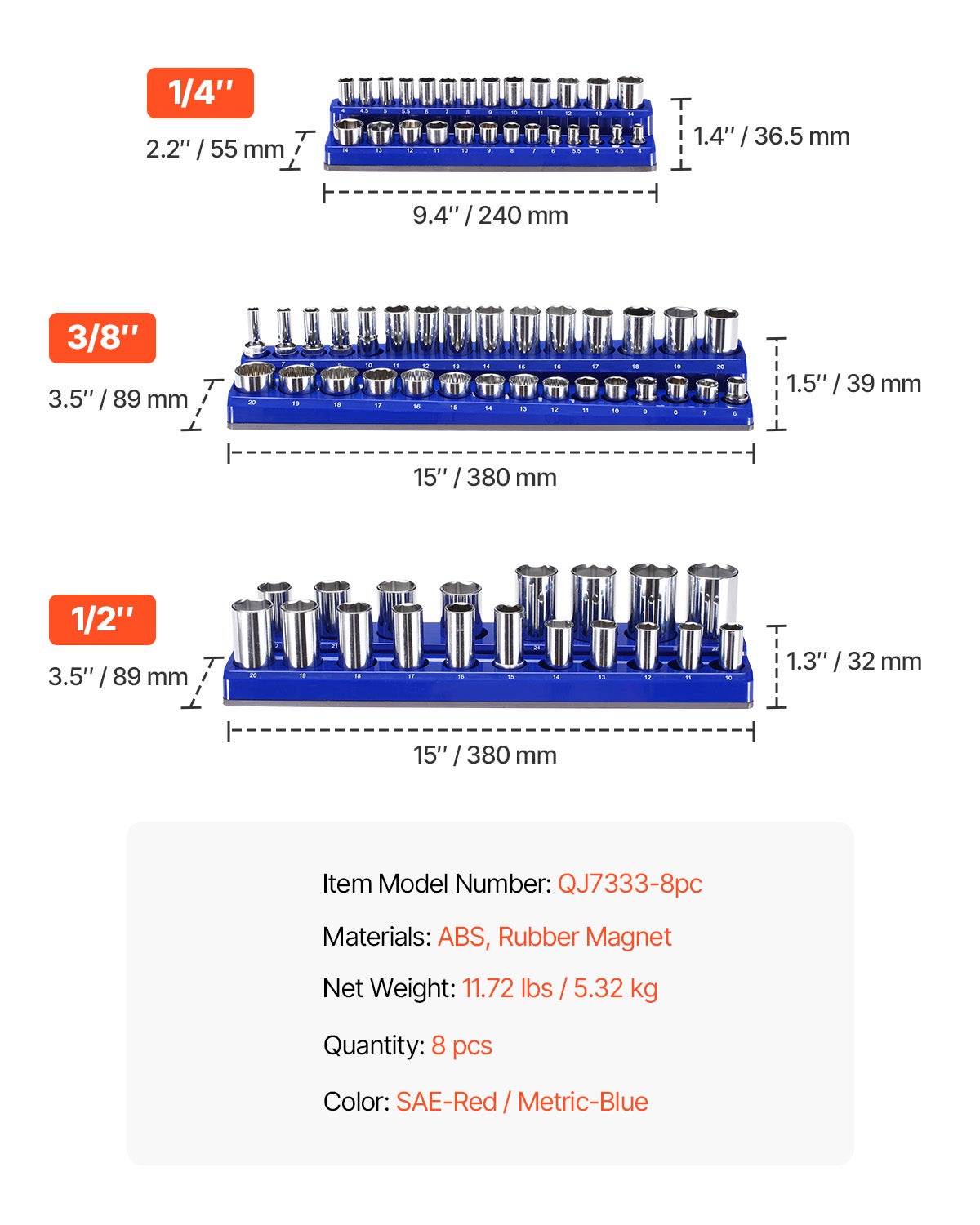 Ensemble d'Organisateurs Douilles Magnétiques SucceBuy,8 Pièces,Plateaux Métriques,Peut Contenir Jusqu'à 199 Douilles,(Douilles Non Incluses) - 9
