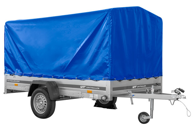 Przyczepka samochodowa Unitrailer na resorach 264x150 GARDEN 265/R KIPP ze stelażem H-1100 i pokrowcem niebieskim 1 szt.