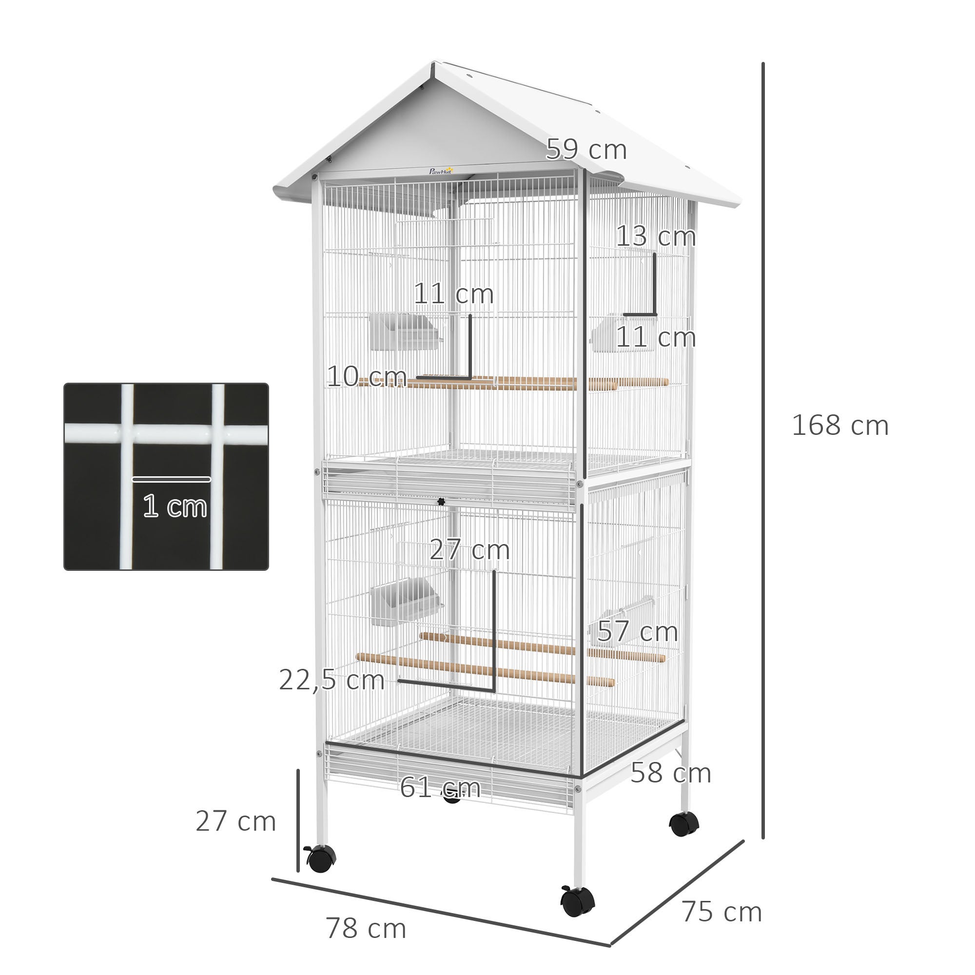 Gaiola Dupla para Pássaros 2 em 1 com Rodas 78x75x168cm Branco - 4 Comedouros e Poleiros - 2