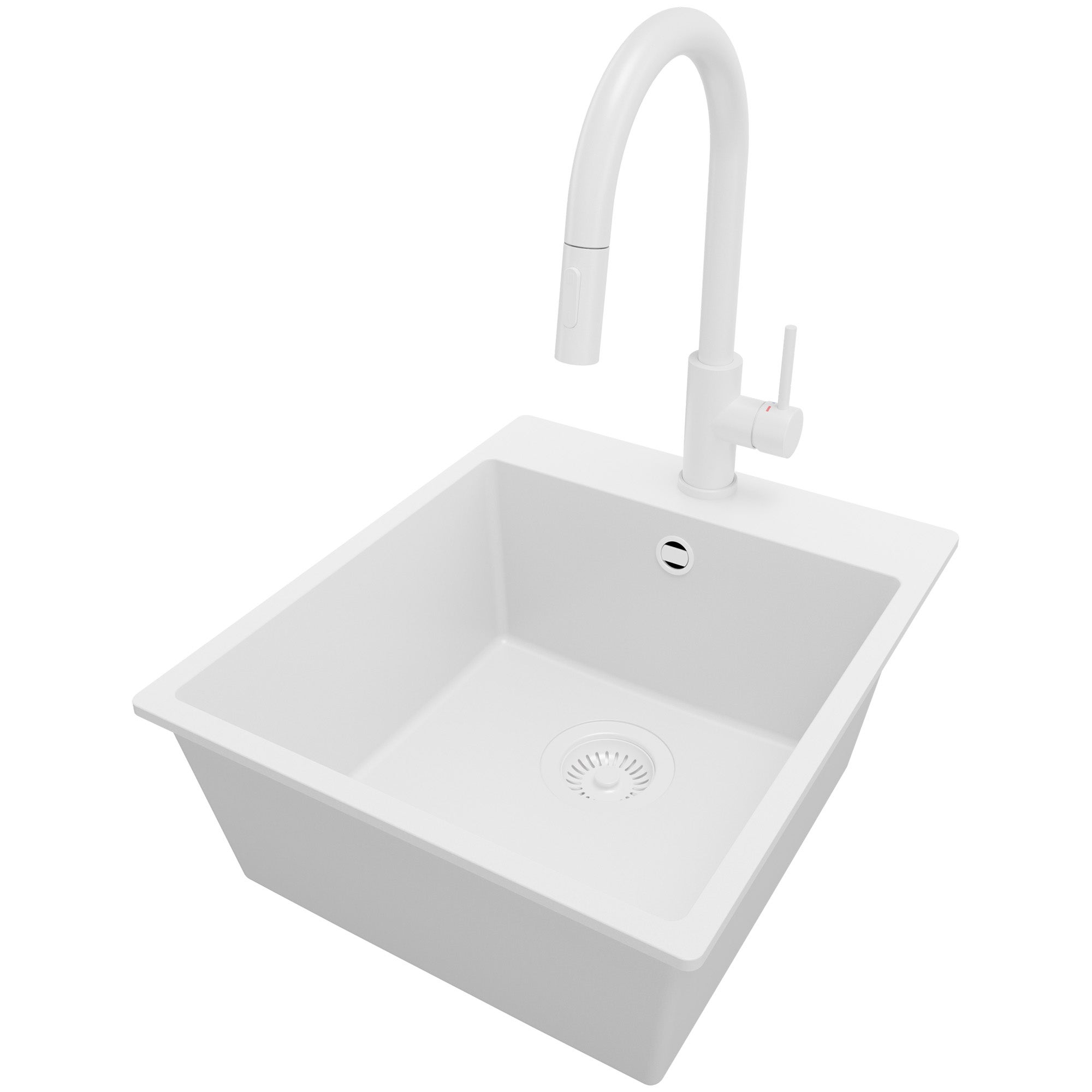 Zlewozmywak Granitowy Cały Biały 43x50cm, Zlew Kuchenny 1 Komorowy + Bateria 40x20cm + Syfon, Nablatowy do szafki od 45cm - Ryga PRIMAGRAN