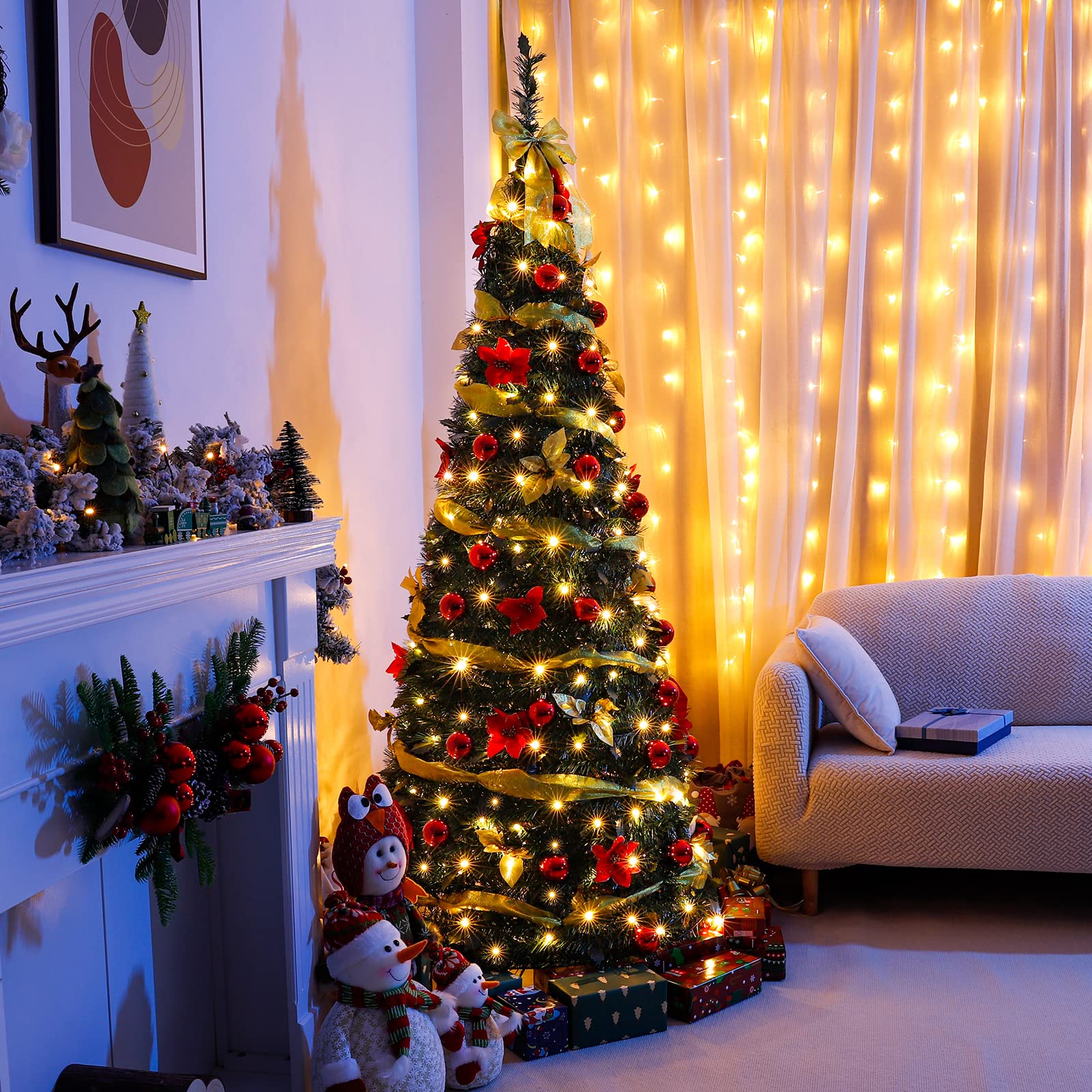 Sapin de Noël portable, sapin de Noël pliable pré-décoré, décorations de Noël pop-up, lumières LED aux tons chauds, 150 cm - 6