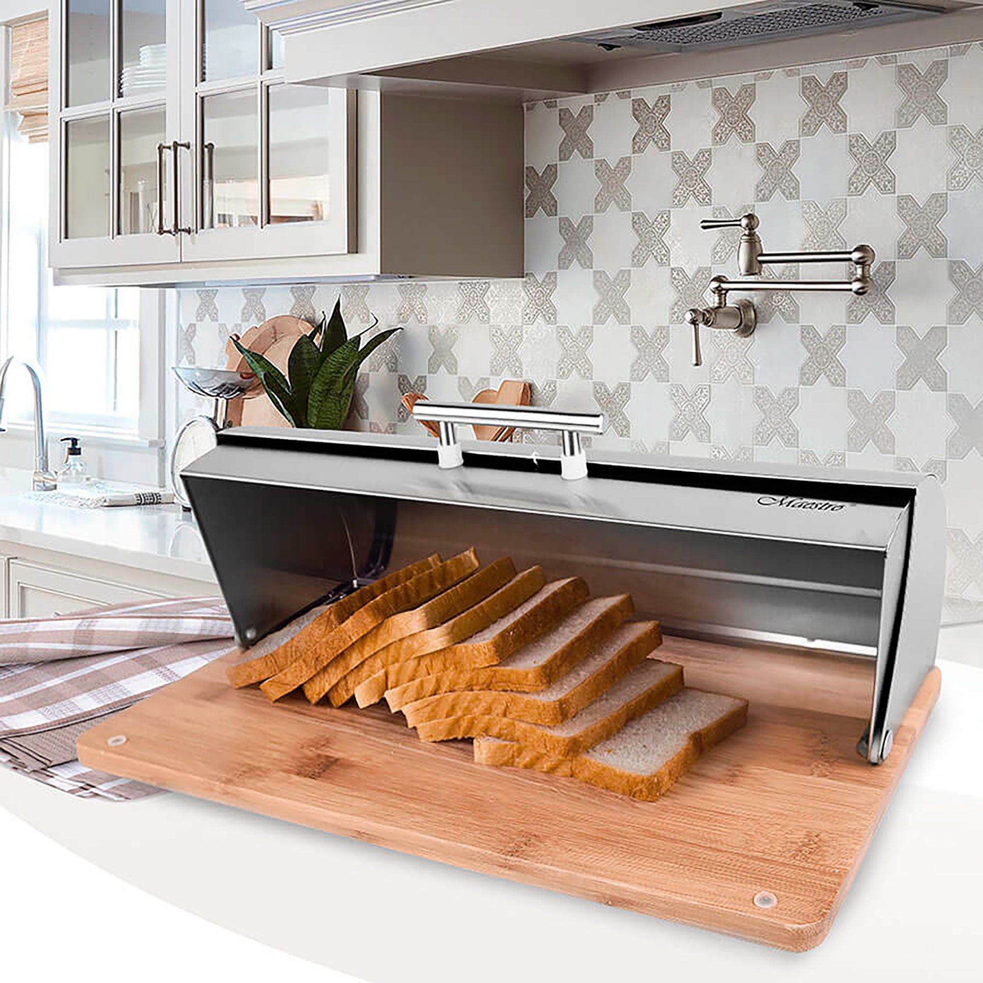 Boîte à Pain, Couvercle Coulissant, Design Élégant, Acier Inoxydable, Bois Maestro Argent MR-1672S - 2