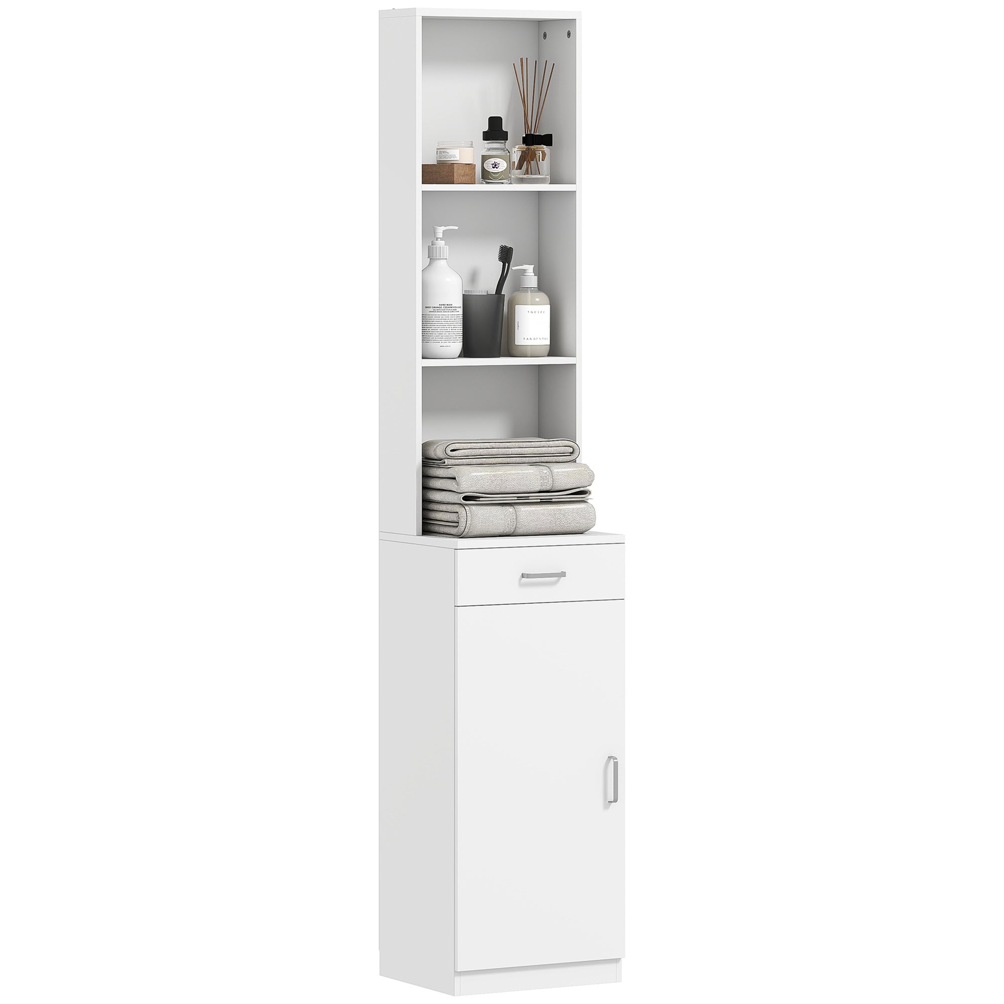 Mueble alto de baño, diseño delgado, cajón, estantes, armario, encimera, blanco