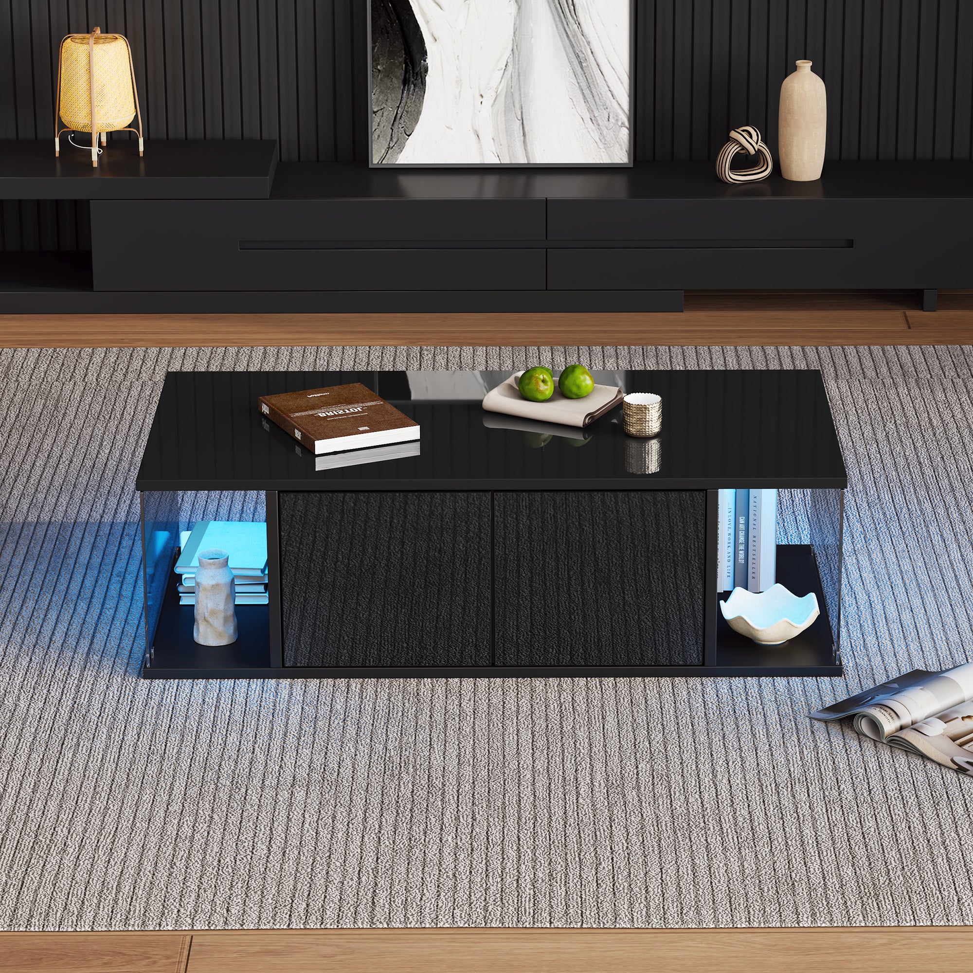 Tavolino ad alto lucido 100×50×30 cm - con illuminazione LED - 2 ante - nero - 4