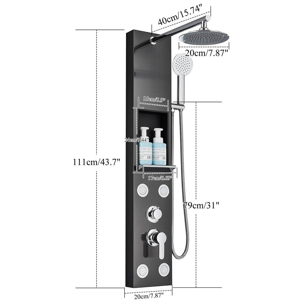 Ensemble de mitigeur thermostatique de douche, panneau de douche noir avec étagère de rangement et pomme de douche,robinet mitigeur à deux poignées - 8