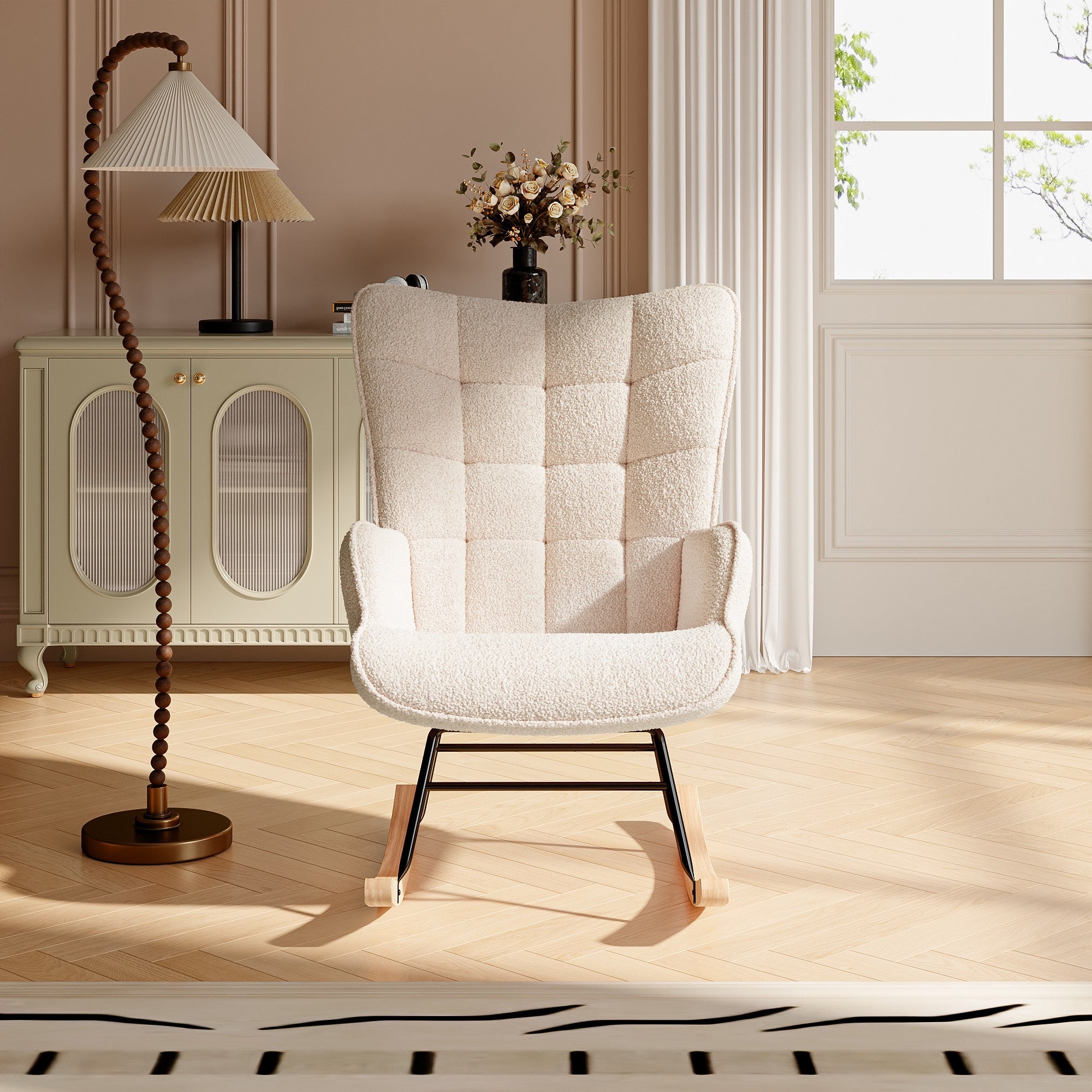 Fauteuil à Bascule - Scandinave - Dossier Capitonnée en carré - Balancelle Relaxante - 68x75x92cm - Velours Teddy Beige - 2