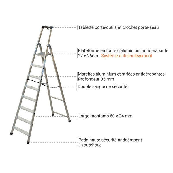 Escabeau 8 marches - Hauteur max. de travail 3.82m - Q60/8 - 3